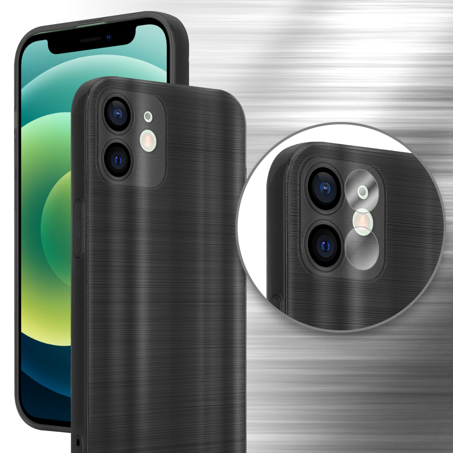 Schwarze Handyhülle mit gebürsteter Metallstruktur, zeigt Telefon und Kameradetails.