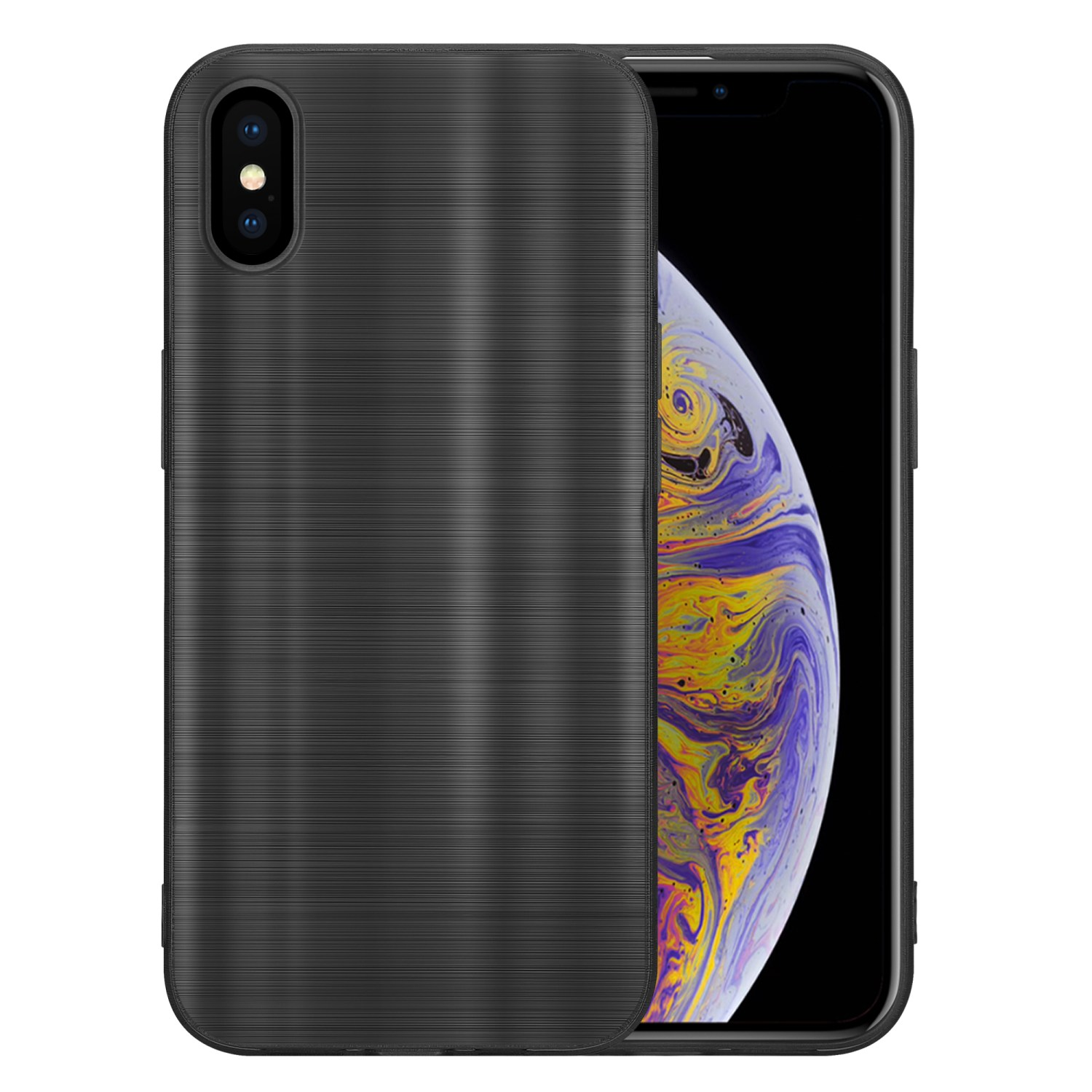 Schwarze Handyhülle auf einem Telefon. Der Bildschirm des Telefons ist sichtbar.