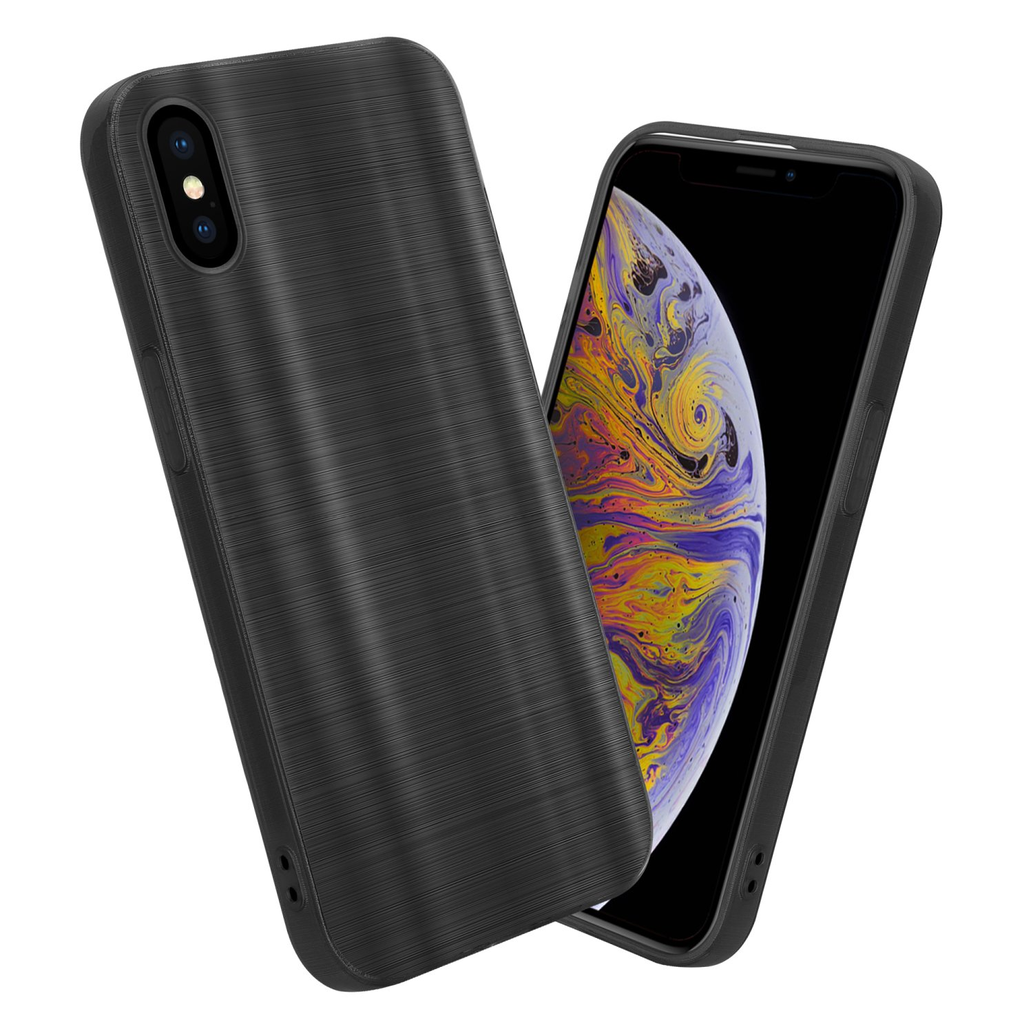 Eine schwarze Handyhülle bedeckt ein Telefon. Das Telefon befindet sich auf der rechten Seite des Bildes.