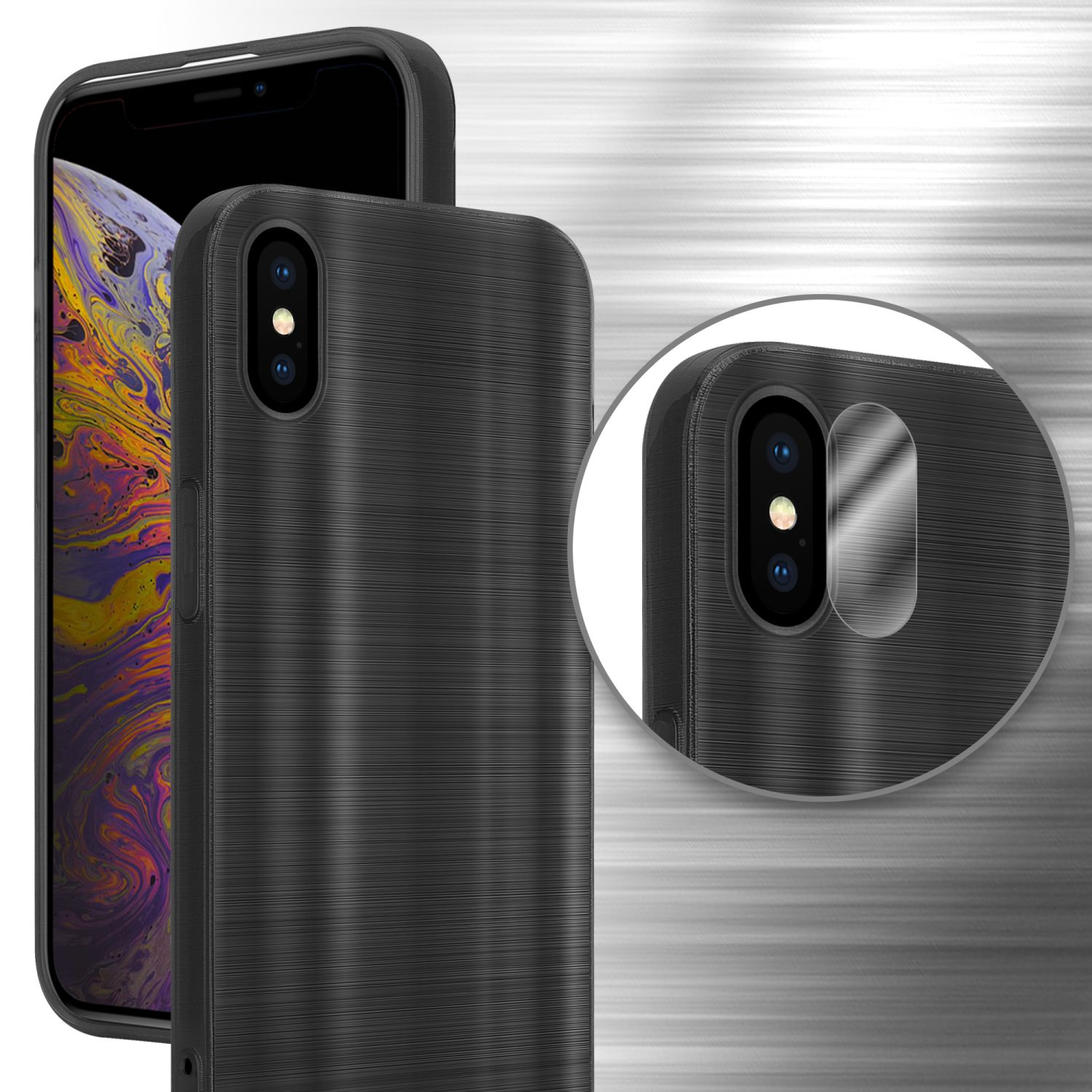 Eine schwarze Handyhülle mit einem Telefon darin. Eine Nahaufnahme zeigt einen transparenten Linsenschutz auf der Kamera des Telefons.