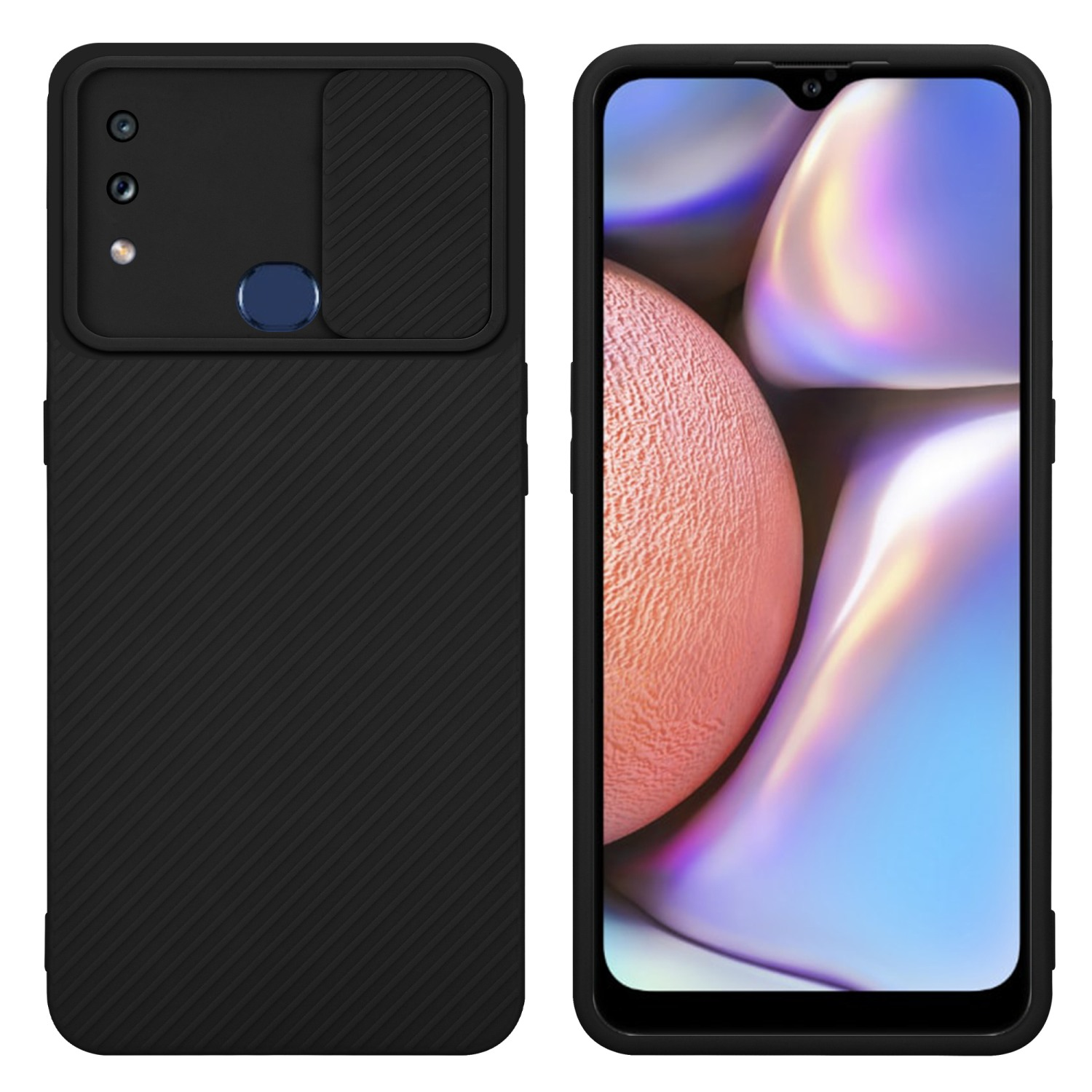 Schwarze Handyhülle mit Kameraabdeckung. Das Telefon zeigt ein buntes, abstraktes Design. Die Hülle ist schwarz.
