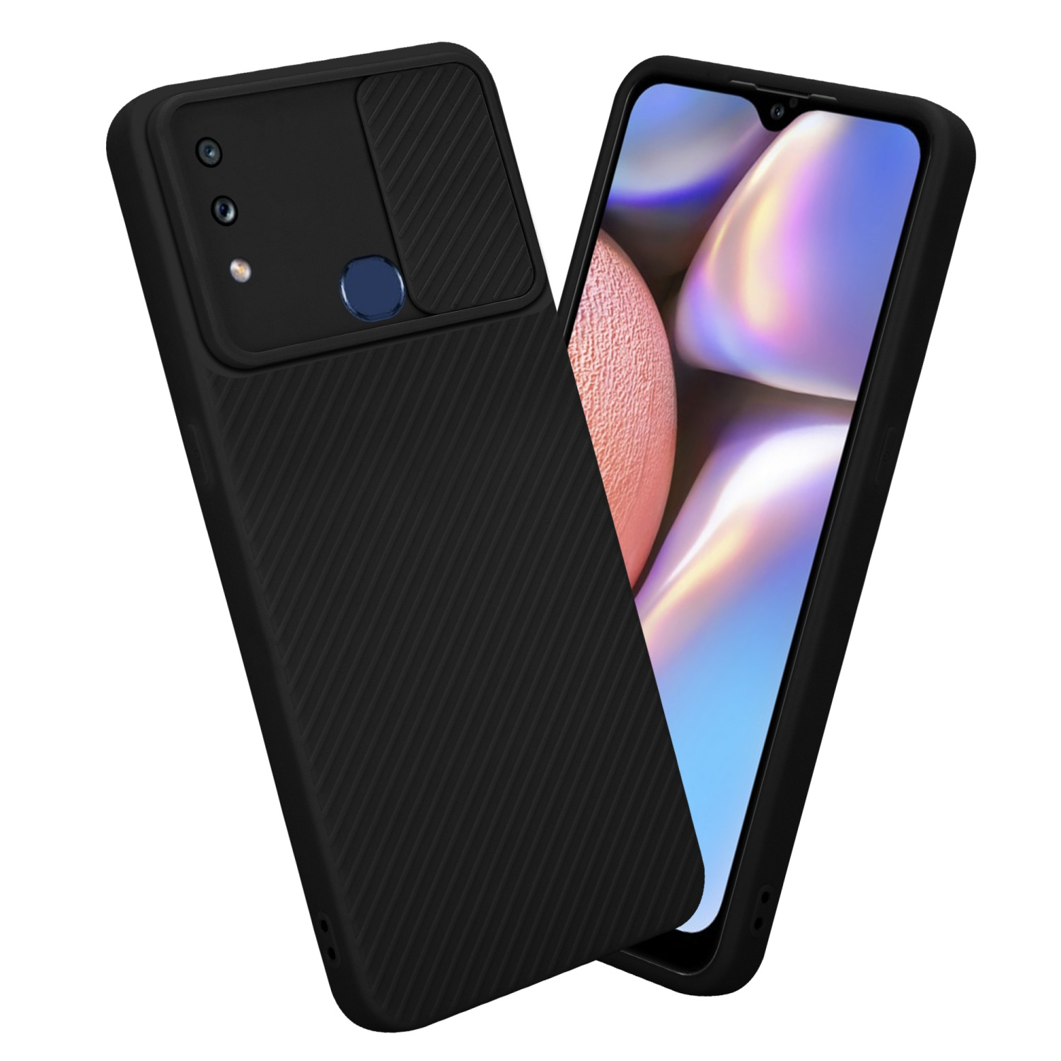Schwarze Handyhülle mit Kameraabdeckung. Ein Telefon mit pinkfarbenem und weißem Bildschirm ist in der Hülle.