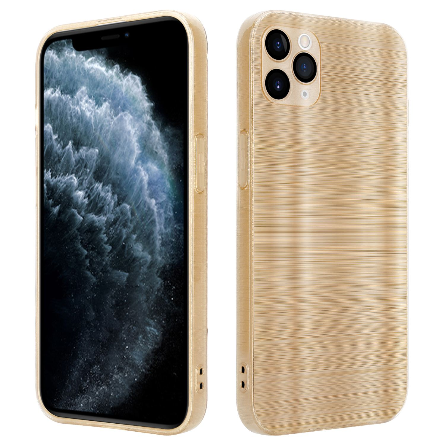 Eine goldene Handyhülle mit strukturierter Oberfläche und das Telefon darin.