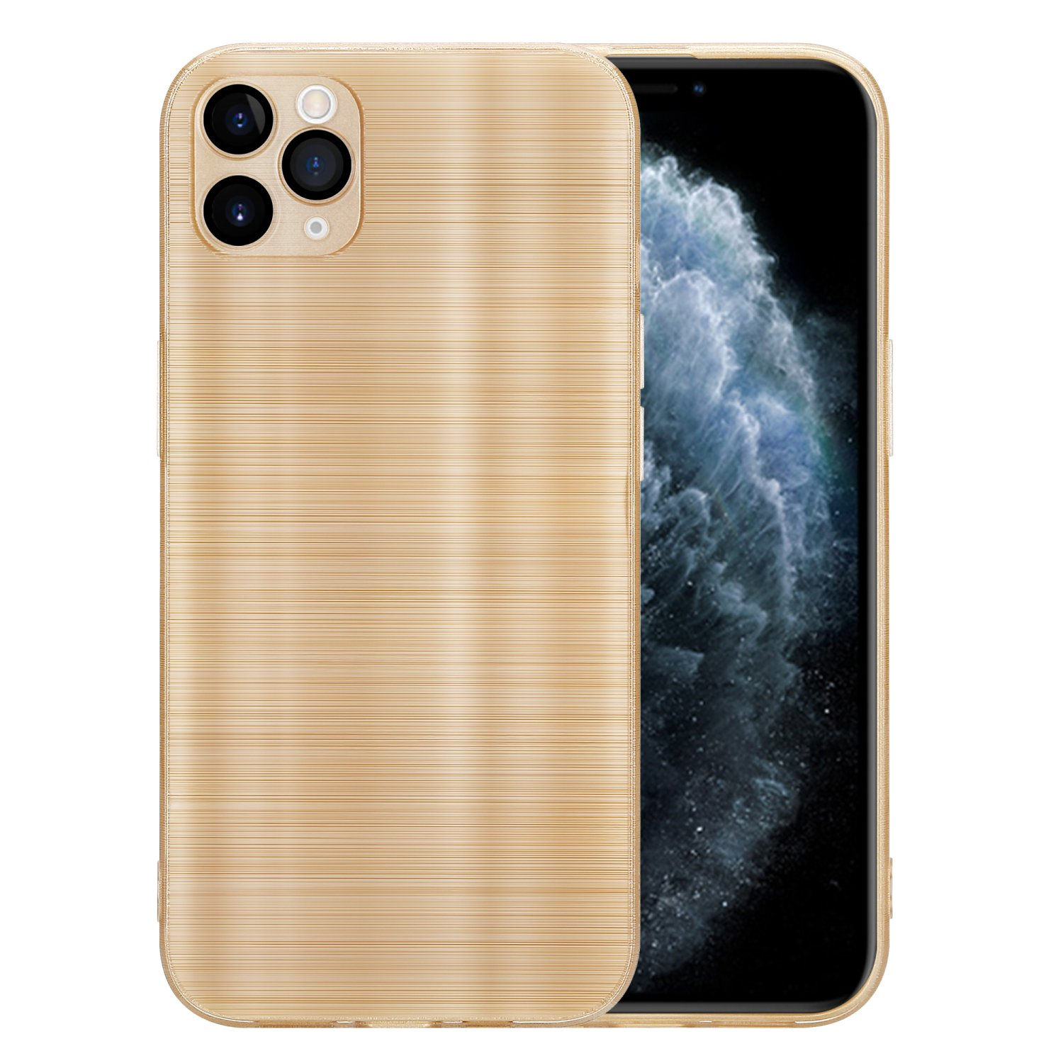 Goldene Handyhülle auf dem Telefon, zeigt den Kamerabereich. Der Hintergrund hat einen verschwommenen Effekt.