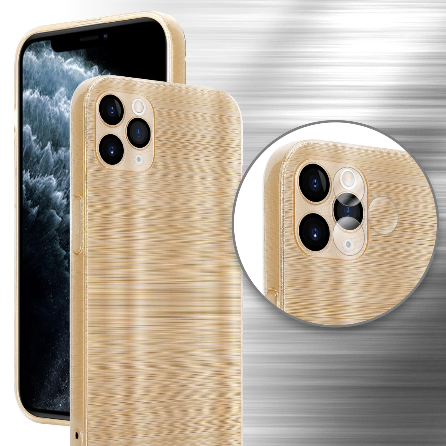 Goldene Handyhülle mit Telefon. Die Kamera ist sichtbar.