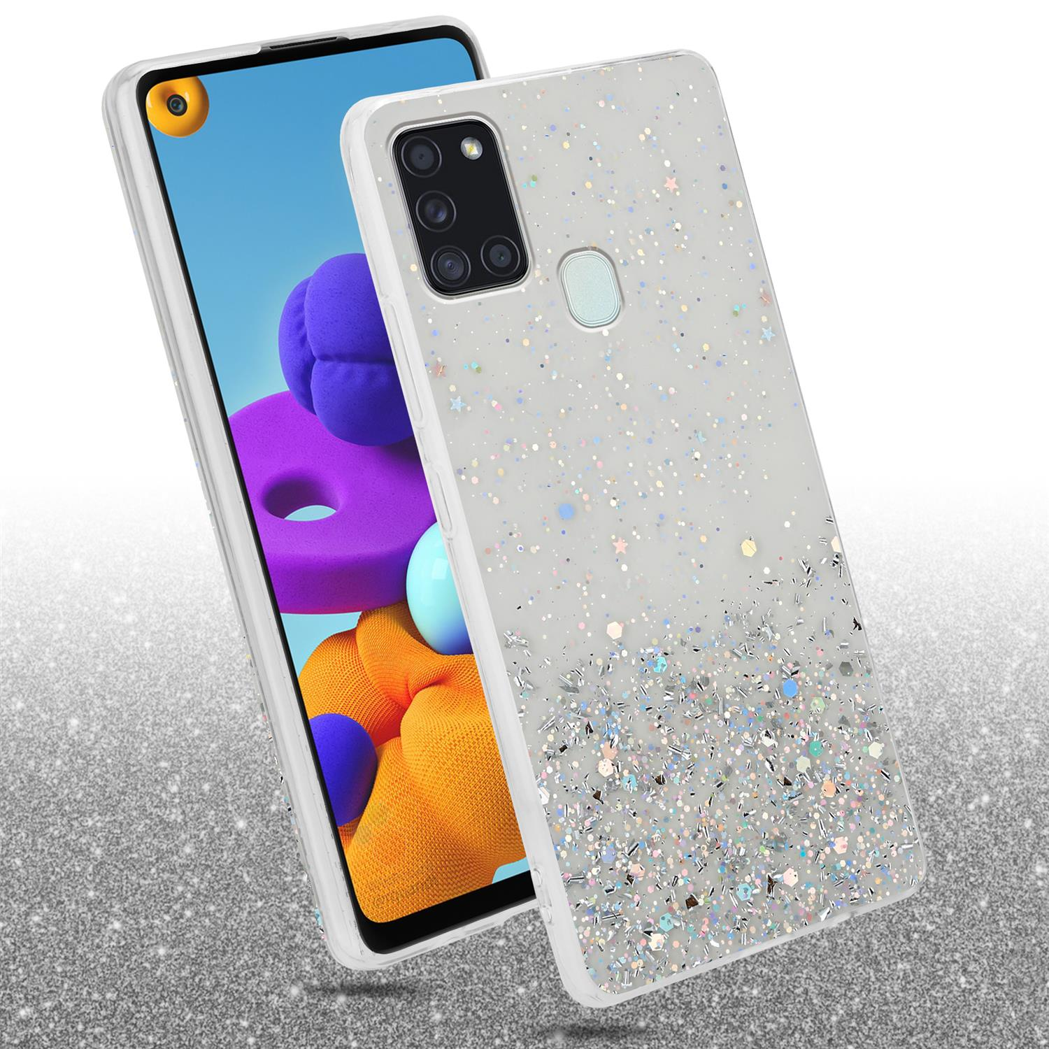 Telefono con custodia trasparente glitterata. La custodia ha glitter e piccole stelle sul retro.