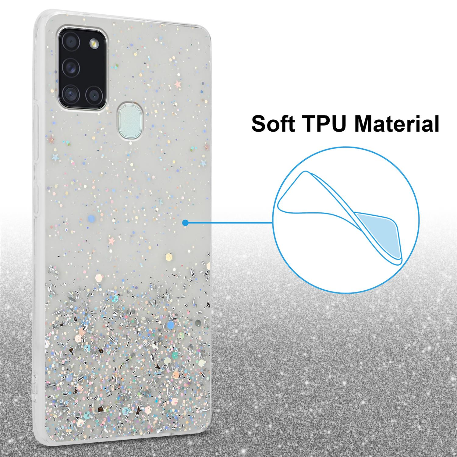 Custodia per telefono con design glitterato su sfondo glitterato.