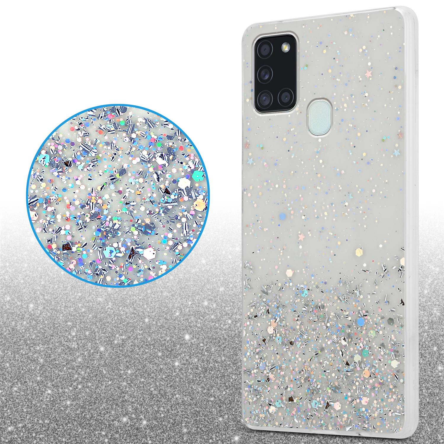 Una custodia bianca per telefono con glitter. Un cerchio ingrandito mostra i dettagli. La custodia ha una fotocamera.