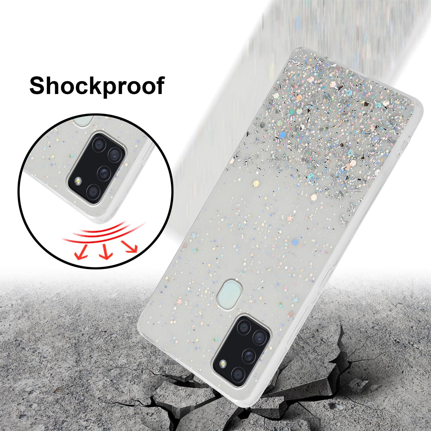 Custodia con glitter che cade su cemento crepato. Testo 'Antishock'.