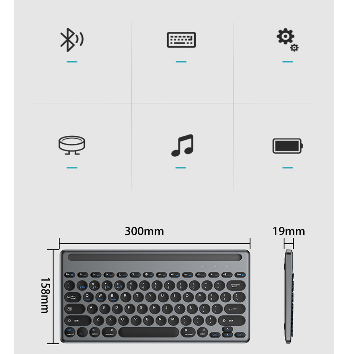 Eine Tastatur mit den angegebenen Abmessungen. Abmessungen sind 300 mm x 158 mm x 19 mm.