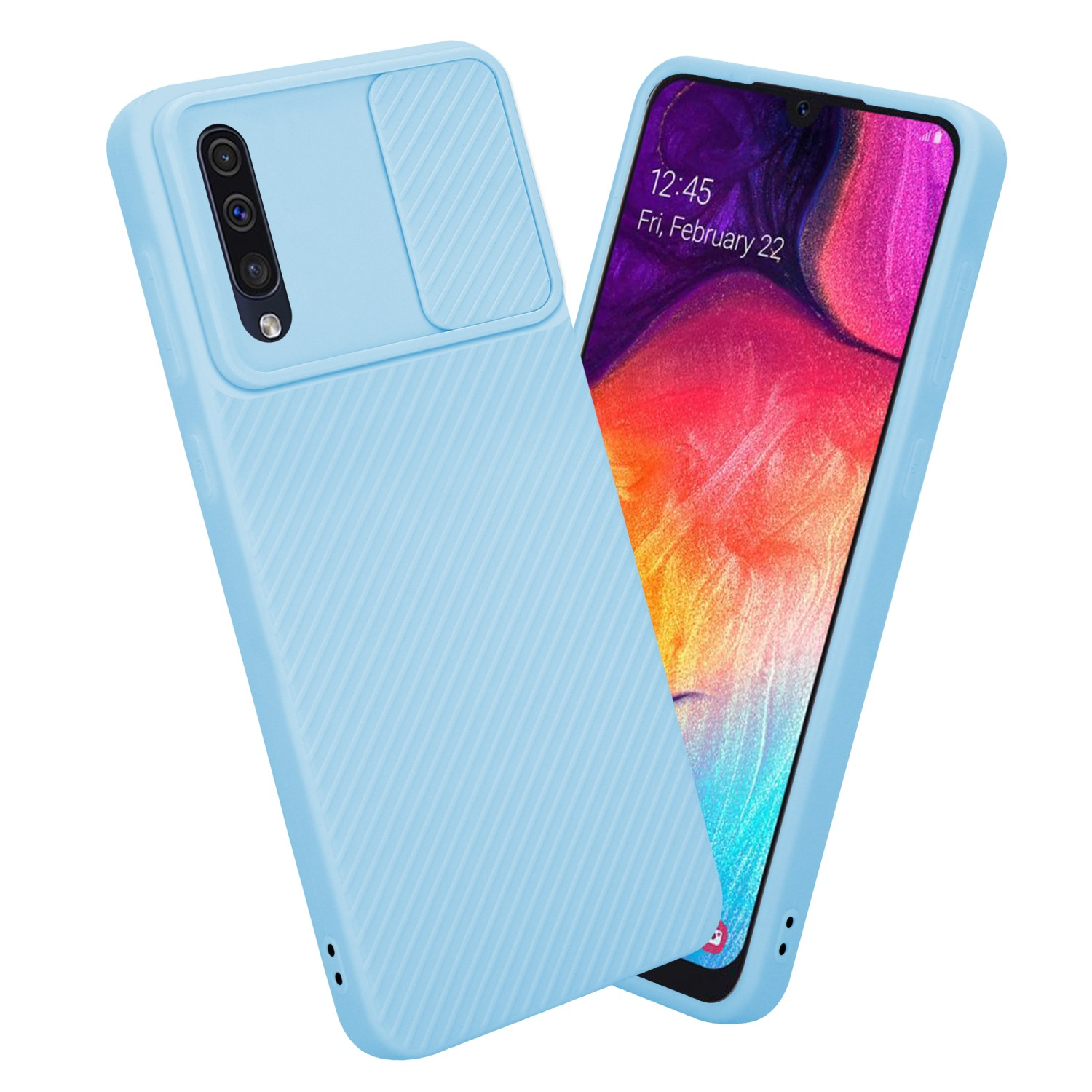Hellblaue Handyhülle mit Kameraschieber. Telefon mit Datum sichtbar.
