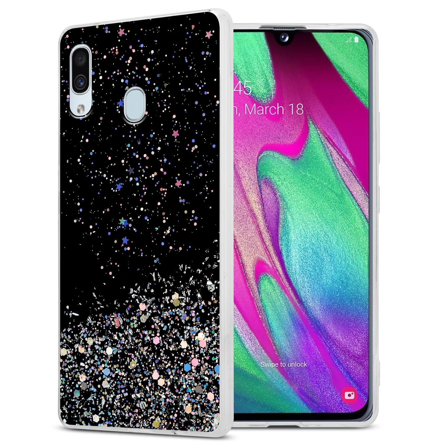 Schwarze Handyhülle mit Glitzer und Sternen. Telefon wird rechts angezeigt. Weißer Hintergrund.