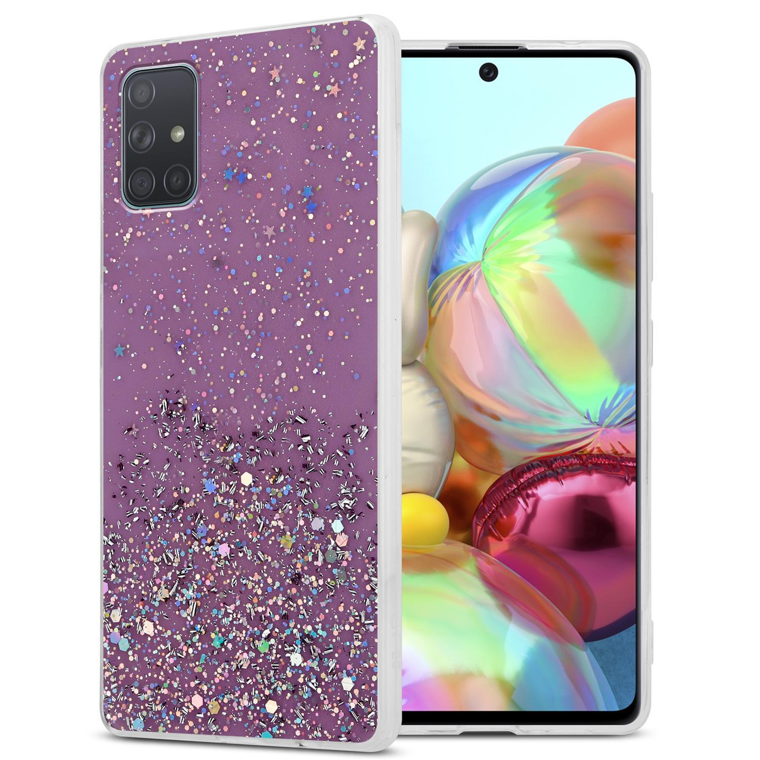Lila Handyhülle mit Glitzer bedeckt. Das Telefon wird in die Hülle eingesetzt. Die Hülle hat einen weißen Rand.