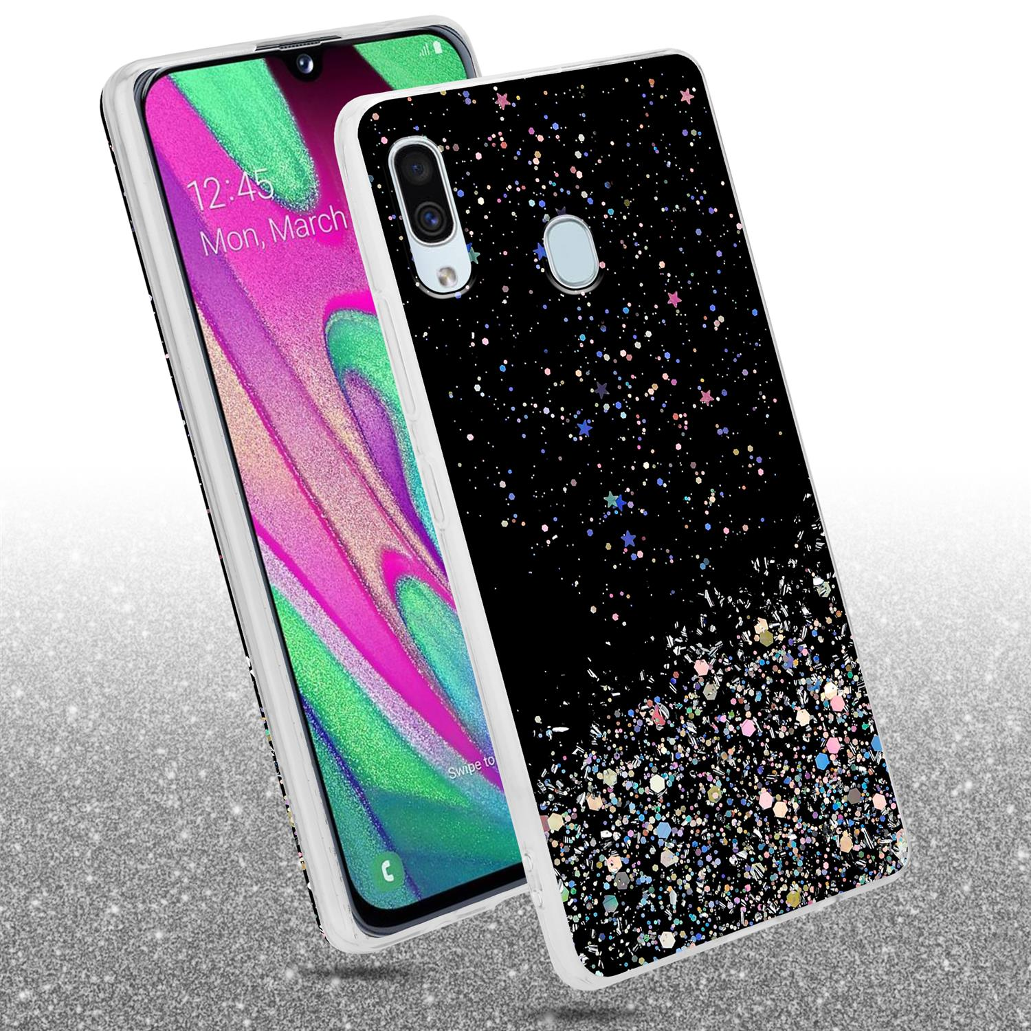 Ein Telefon und zwei Hüllen, eine mit schwarzem Glitzerdesign und die andere mit Bildschirm.