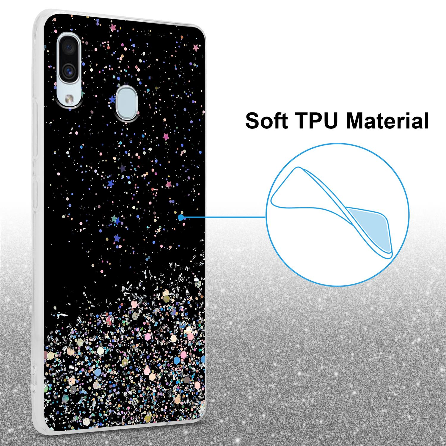 Glitter, Samsung, Schutzhülle mit Glitter Schwarz Backcover, CADORABO A40, Galaxy mit funkelnden
