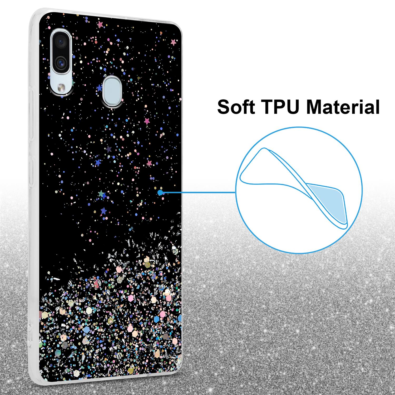 Schwarze Handyhülle mit Glitzerdesign. Text: Weiches TPU-Material. Glitzer-Hintergrund.