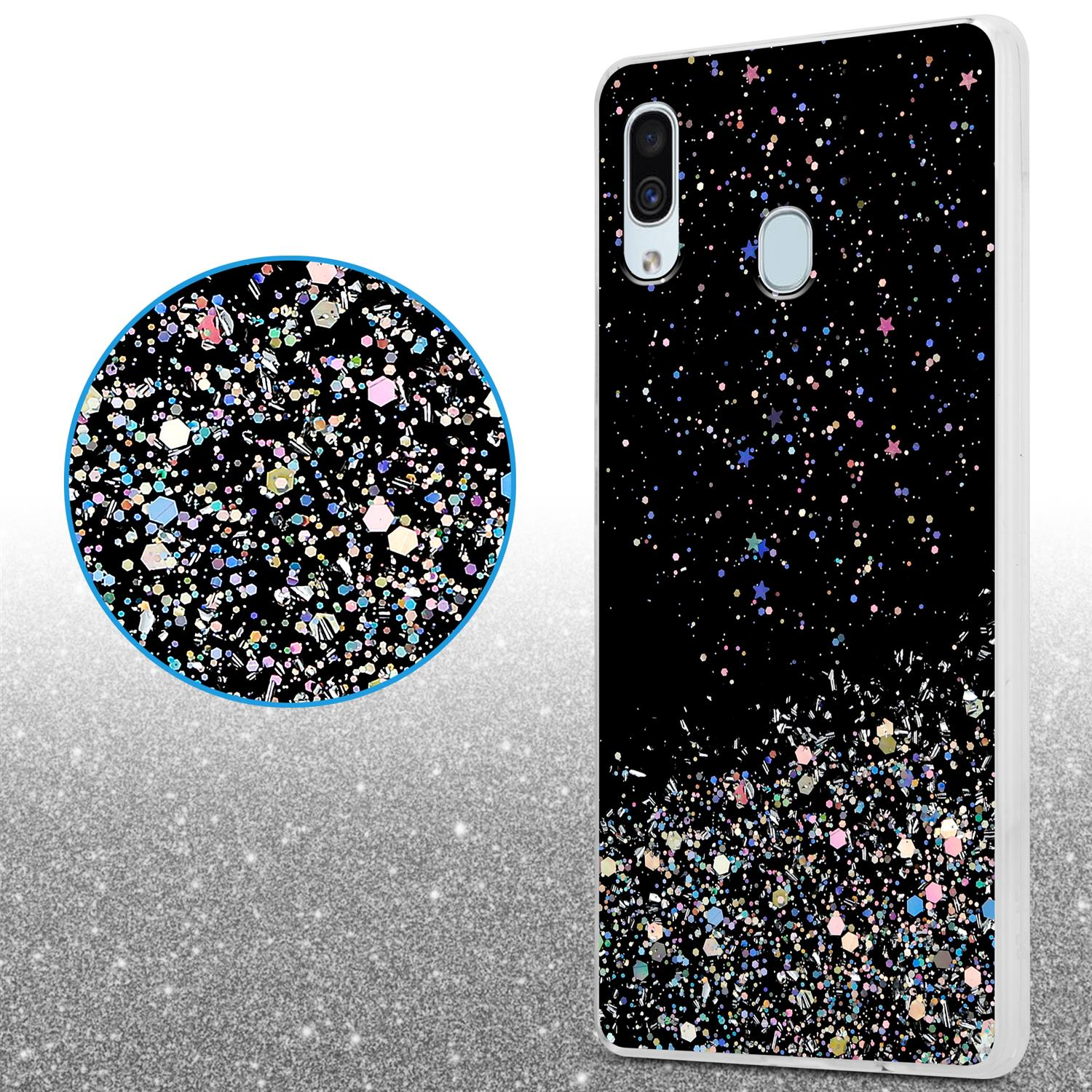 Schwarze Handyhülle mit Glitzereffekt. Nahaufnahme des Glitzerdetails. Weiße Handyhülle mit schwarzem Glitzermuster.