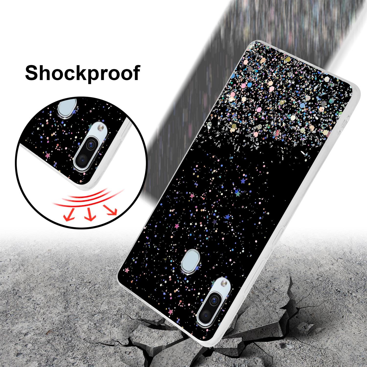 Schwarze Handyhülle mit Glitzer und rissigem Boden.