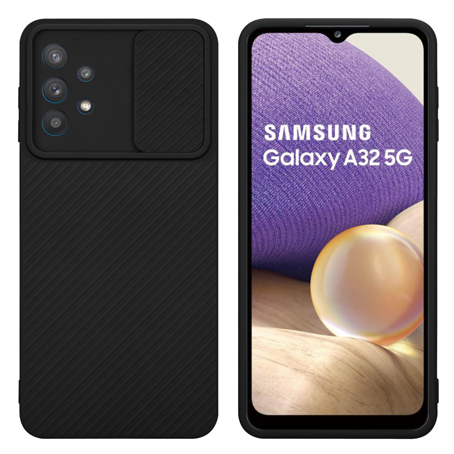 Eine schwarze Handyhülle mit verschiebbarer Kameraabdeckung neben einem Telefon, das den Samsung Galaxy A32 5G-Bildschirm anzeigt.