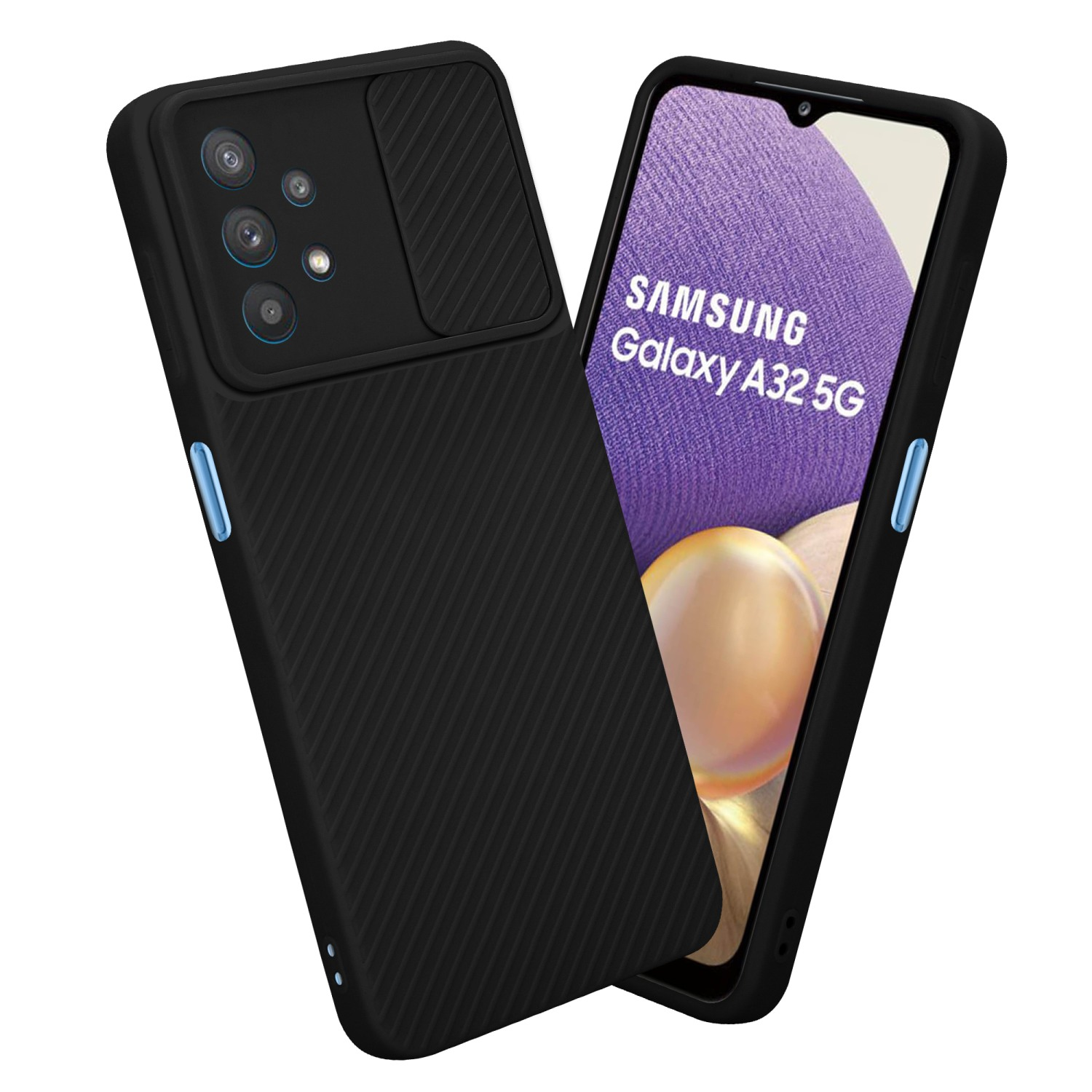 Schwarze Handyhülle mit Kameraabdeckung und Telefon mit Samsung-Logo.