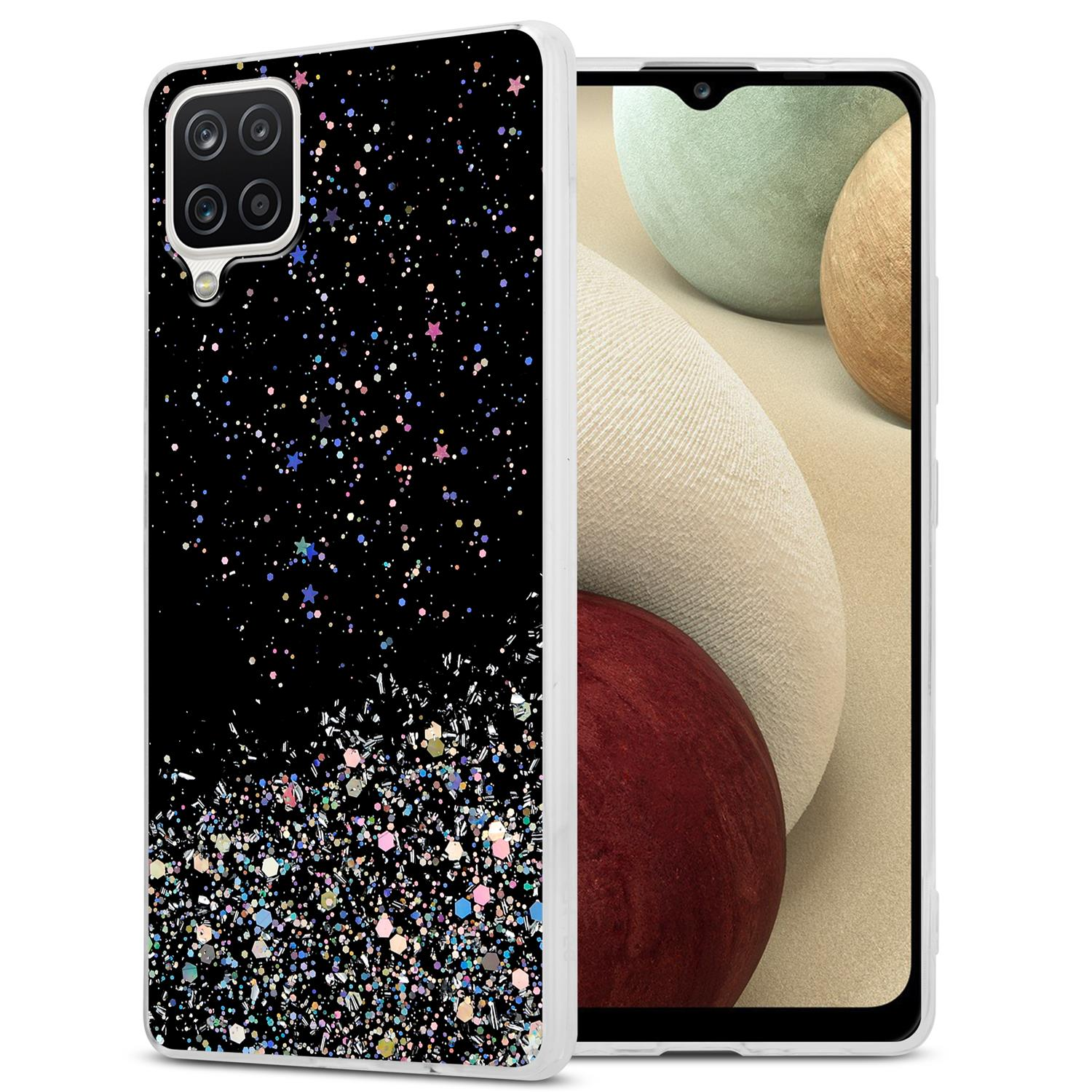 Schwarze Handyhülle mit Glitzerdesign und Telefon.