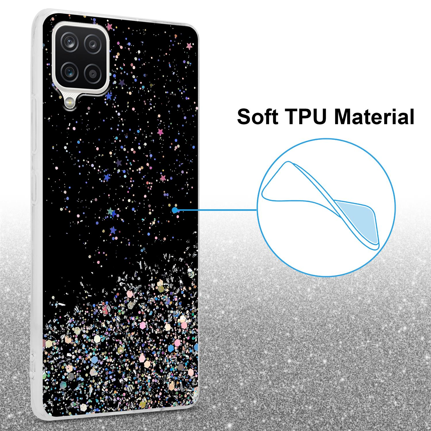 Schwarze Handyhülle mit schwarzem Glitzerdesign. Text: 'Soft TPU Material'.