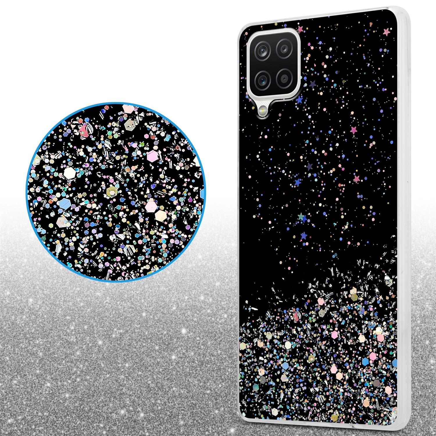 Schwarze Handyhülle mit Glitzer. Eine Nahaufnahme der Hülle wird gezeigt.