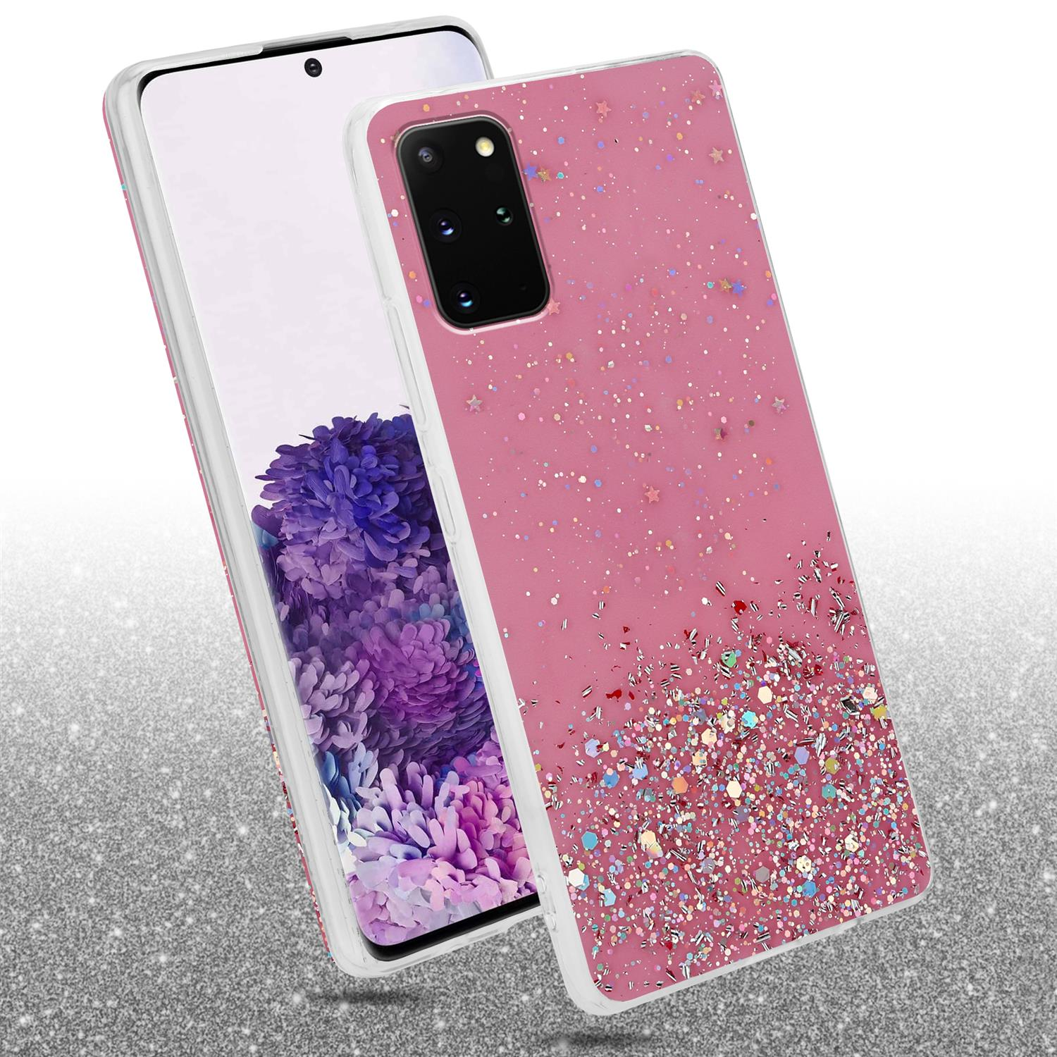 Rosa Handyhülle mit Glitzer und einem Telefon darin. Der Hintergrund ist silber und das Telefon ist sichtbar.