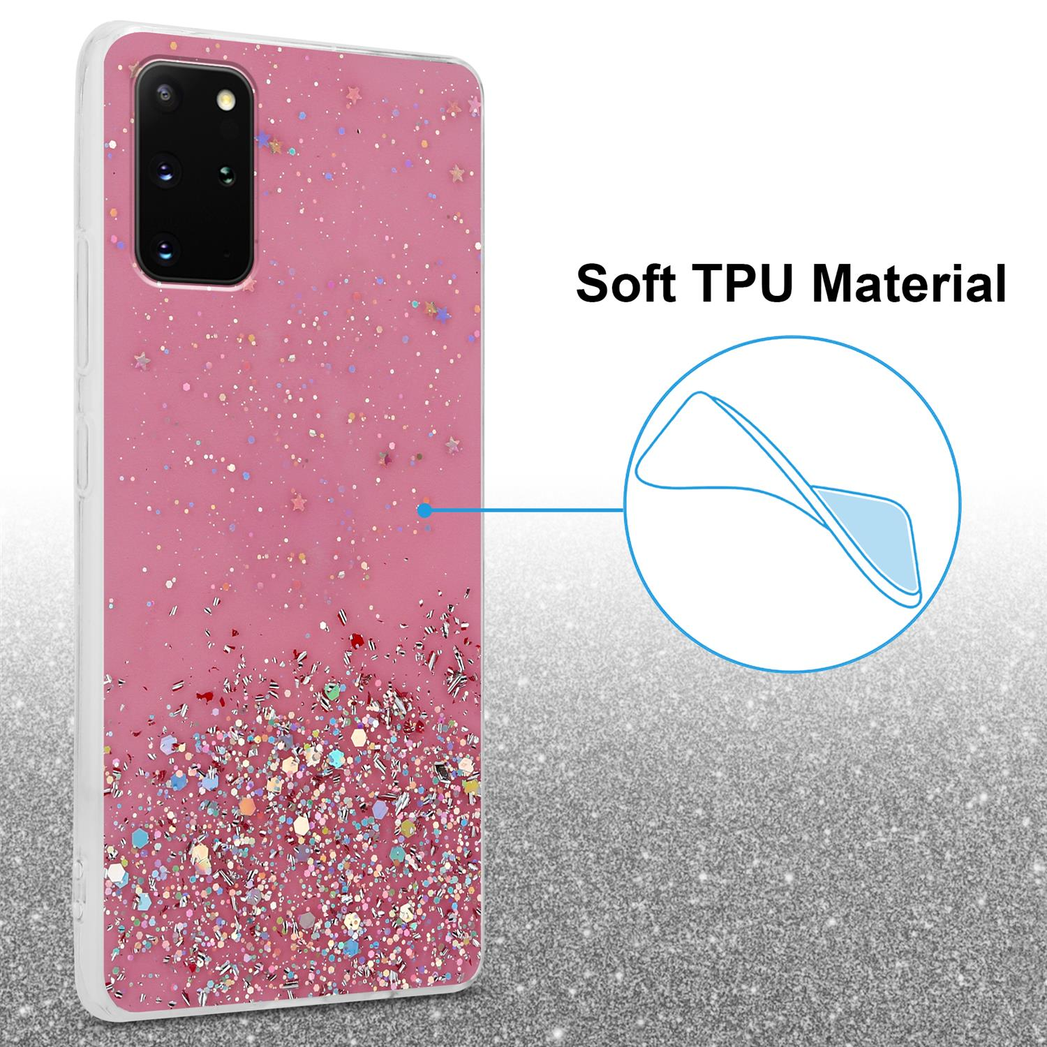 Rosa Handyhülle mit Glitzer. Text: Soft TPU Material.