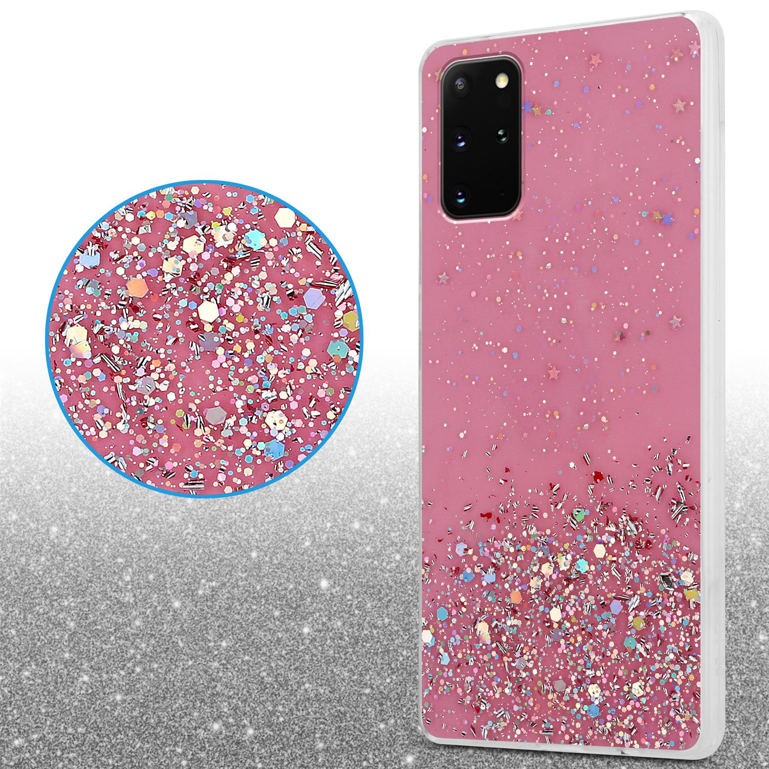 Rosa Handyhülle mit Glitzer. Vergrößerter Kreis zeigt Glitzerdetails. Glitzer-Hintergrund.