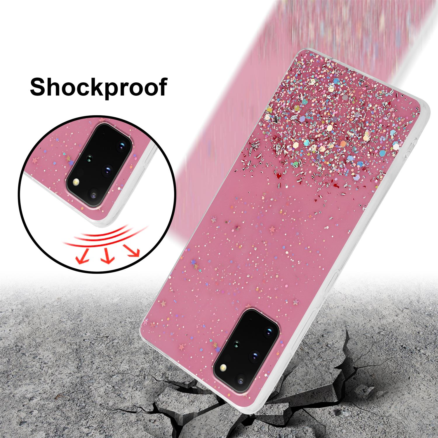 CADORABO Schutzhülle mit Samsung, funkelnden Galaxy mit Backcover, Glitter, PLUS, Rosa Glitter S20