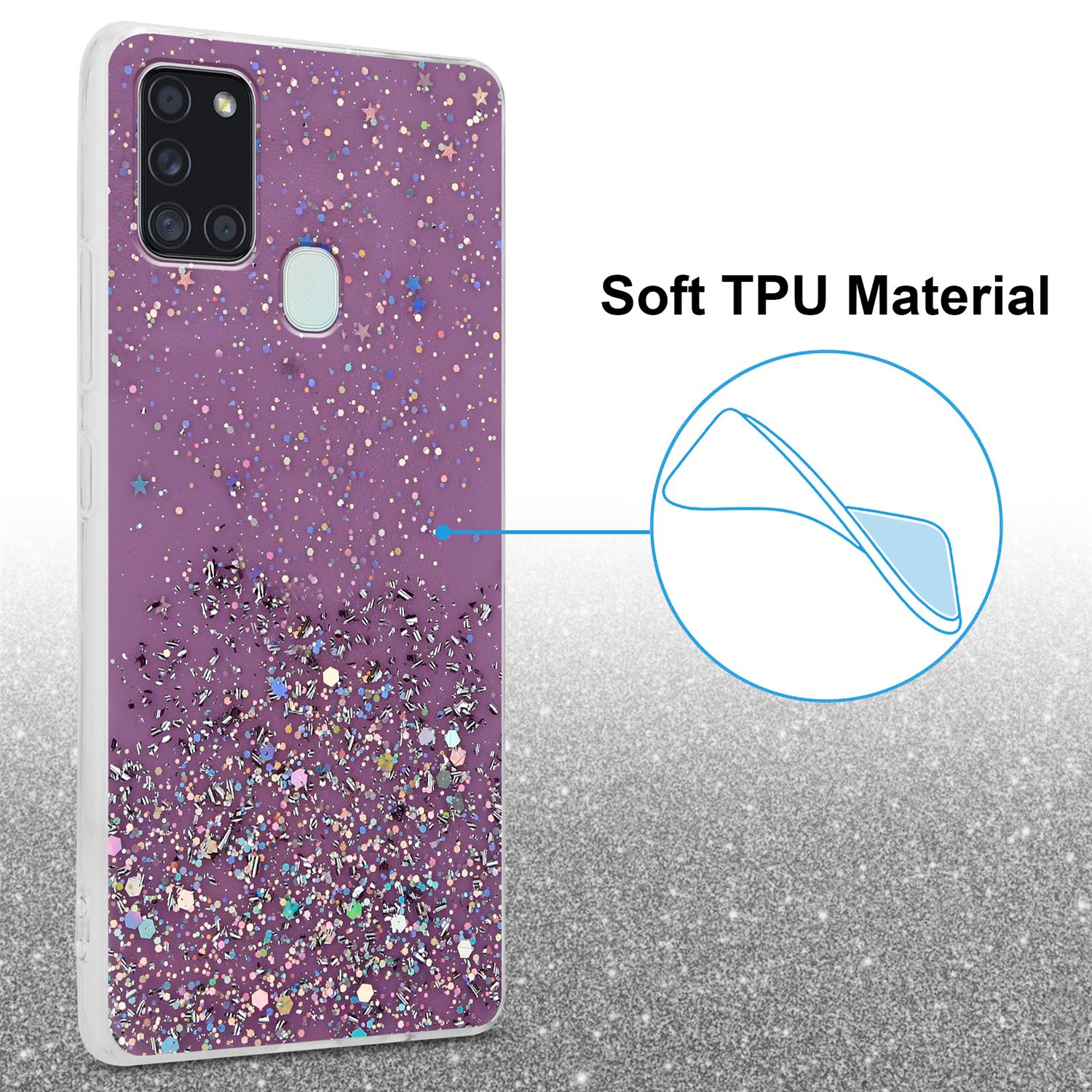 Lila Handyhülle mit Glitzer und Text. Der Text lautet "Soft TPU Material". Der Hintergrund ist glitzernd.