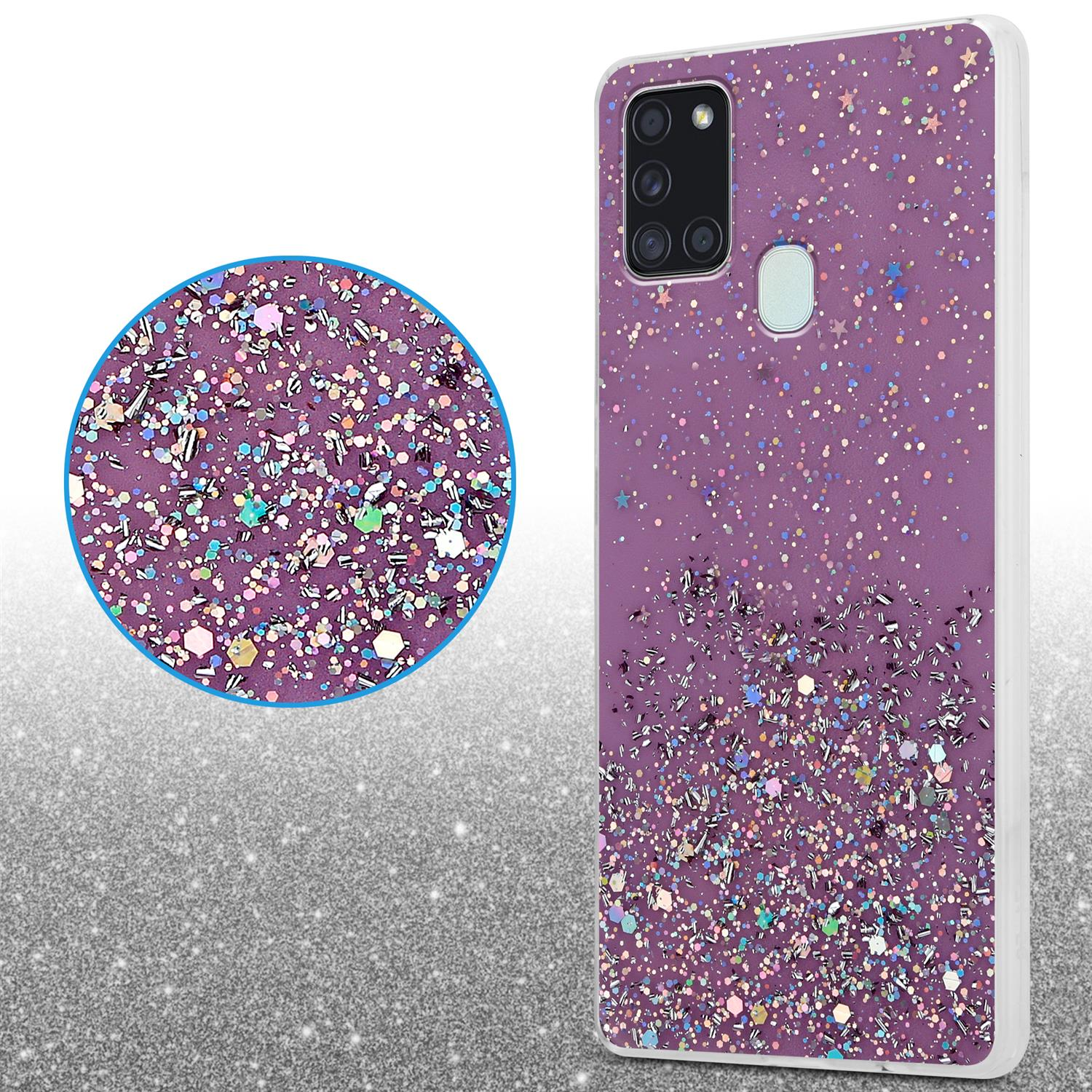 Eine lila Handyhülle mit Glitzer. Links ist ein Kreis mit Glitzer zu sehen.