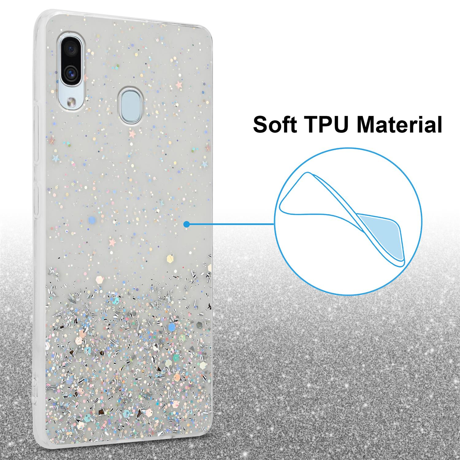 Glitzernde Handyhülle mit Sternen und einem Weiches TPU Material-Etikett.