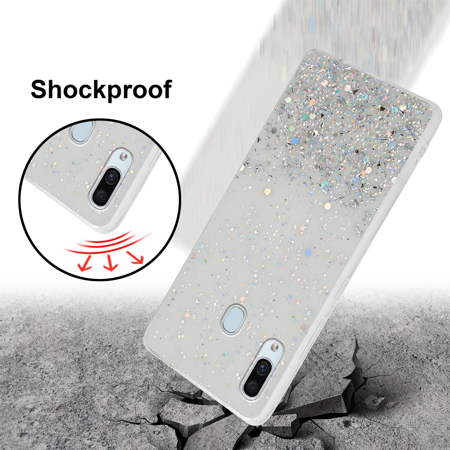 Handyhülle mit Glitzer und Rissoptik. Text: 'Shockproof'.
