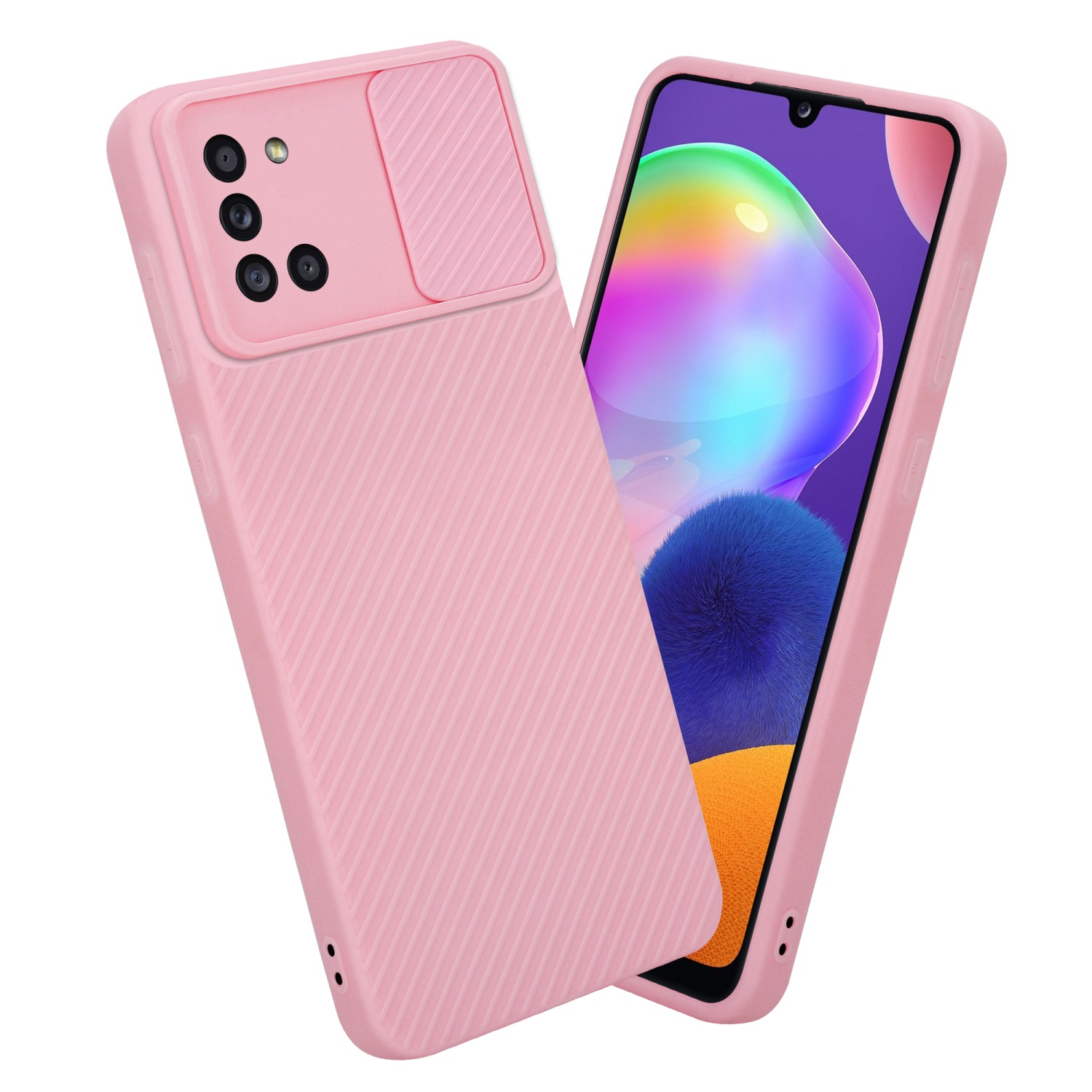 Rosa Handyhülle mit Kameraabdeckung und Telefon mit Bildschirmanzeige.