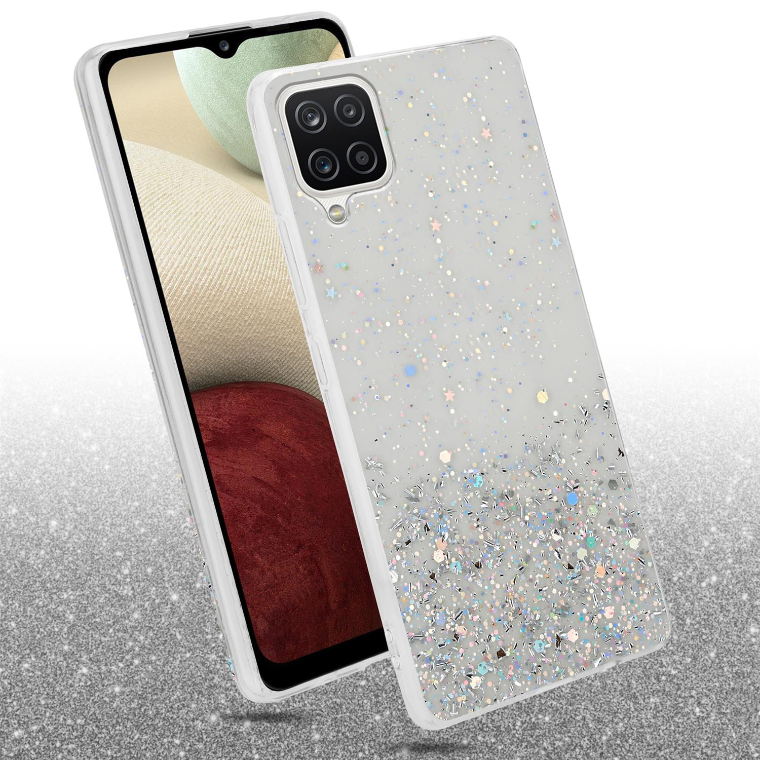 Transparente Handyhülle mit Glitzer auf einem Telefon. Weißer Rahmen, Glitzer und Sterne.