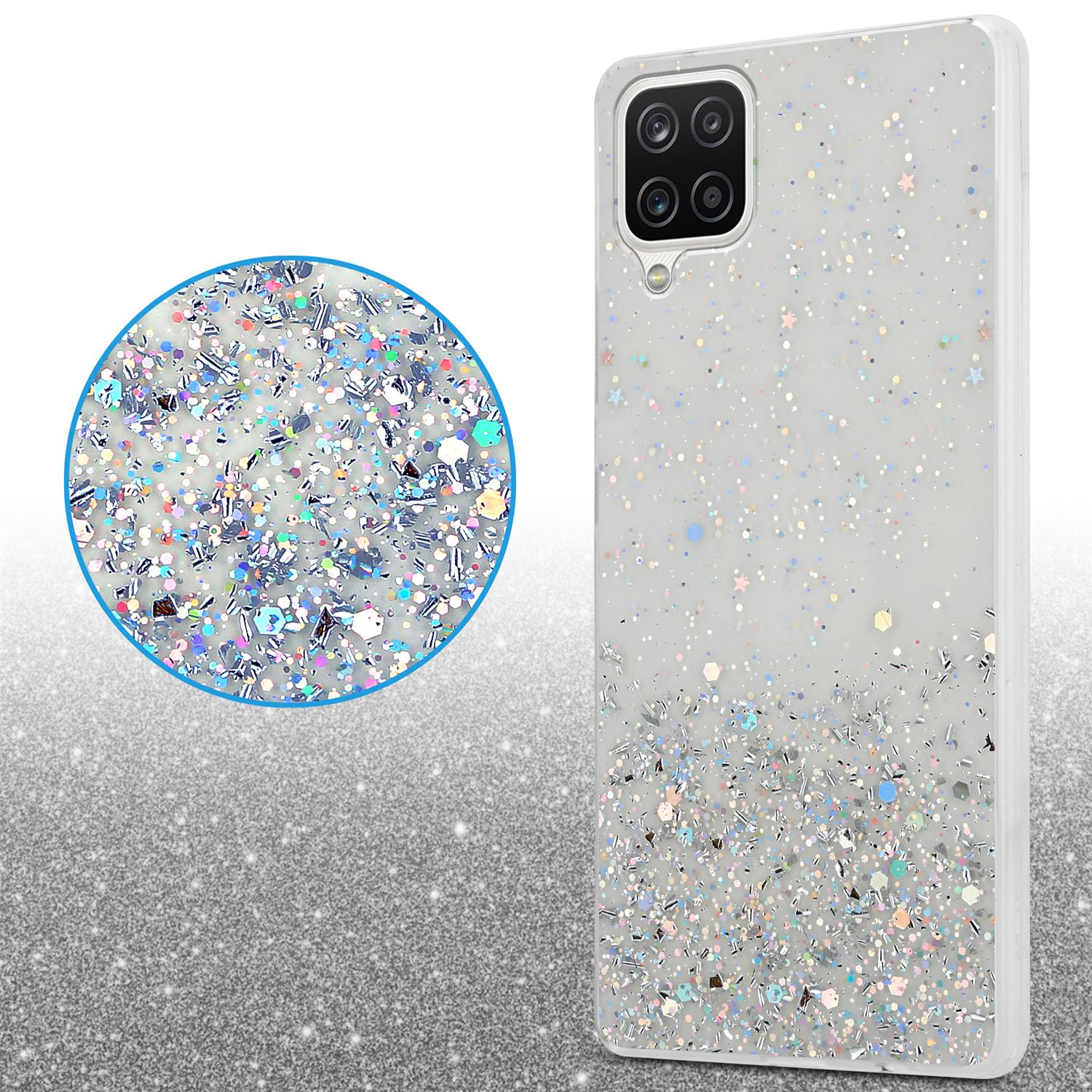 Handyhülle mit Glitzerdetail. Nahaufnahme zeigt Kreis mit Glitzer. Die Hülle ist weiß.