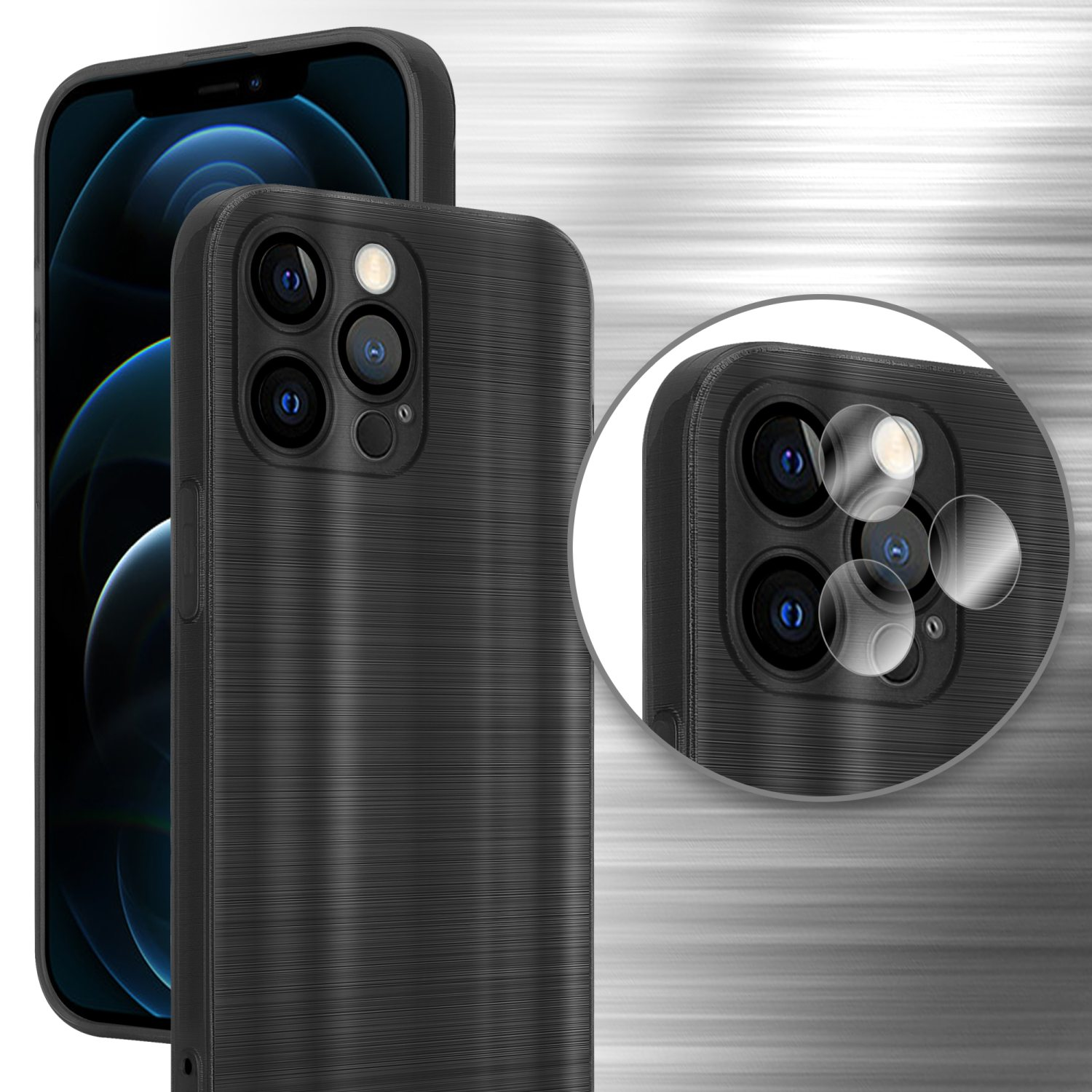 Schwarze Handyhülle mit gebürstetem Metalleffekt. Nahaufnahme zeigt Details der Kameralinse. Telefon ist drin.