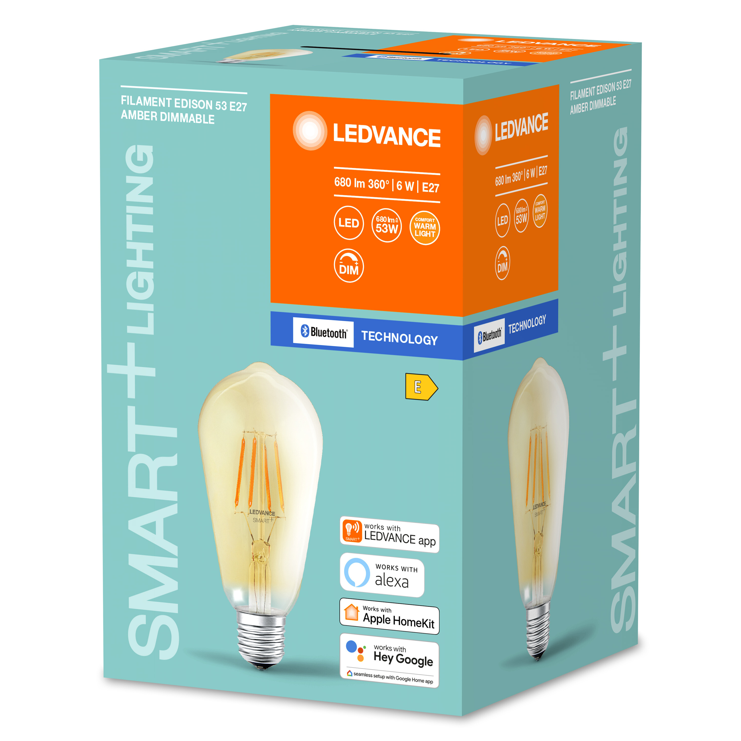 Eine Schachtel mit einer Glühbirne und den Worten 'SMART+LIGHTING'. Die Glühbirne ist im Vintage-Edison-Stil und leuchtet.