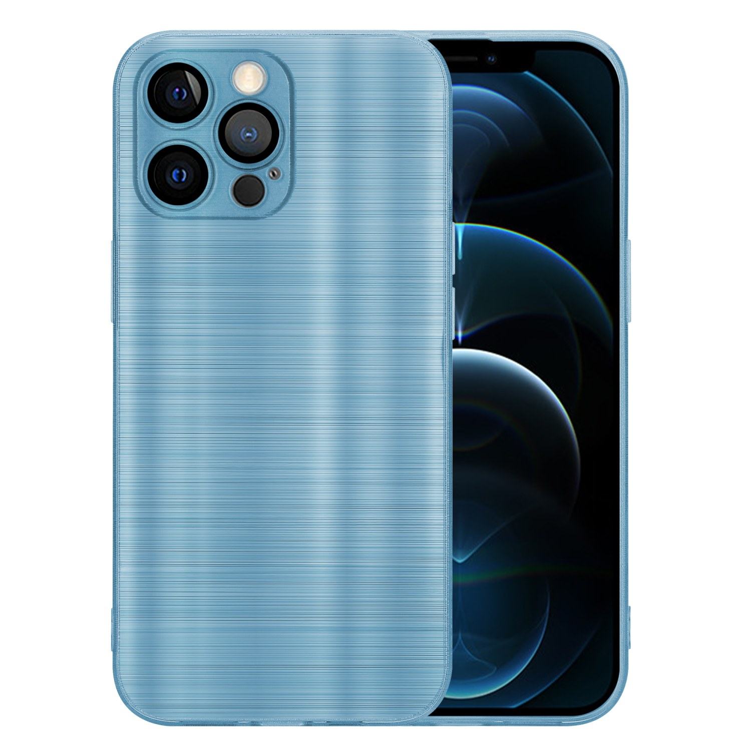 Eine hellblaue Handyhülle mit strukturierter Oberfläche. Die Hülle hat die Kameraausschnitte und passt zum Telefon.