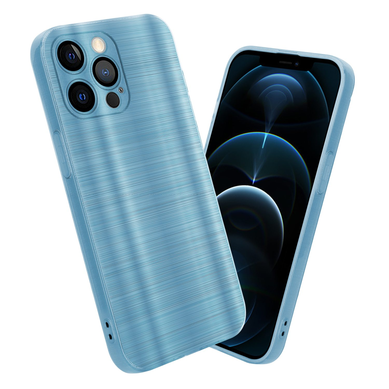 Blaue Handyhülle mit strukturierter Rückseite. Ein Telefon mit blauem Bildschirm ist sichtbar. Weißer Hintergrund.