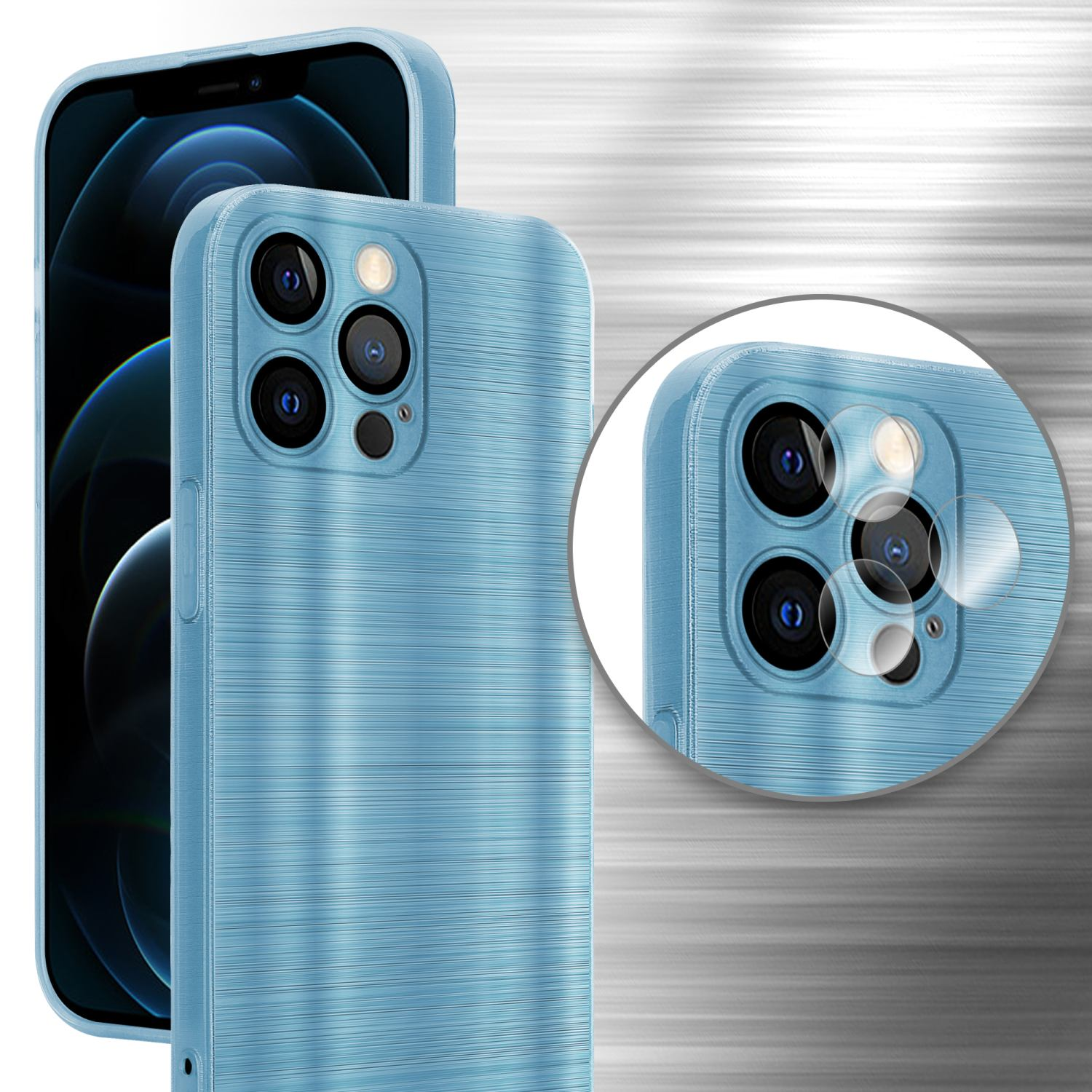 Blaue Handyhülle auf einem Telefon und eine Nahaufnahme des Kamerabereichs. Die Hülle hat eine gebürstete Textur.