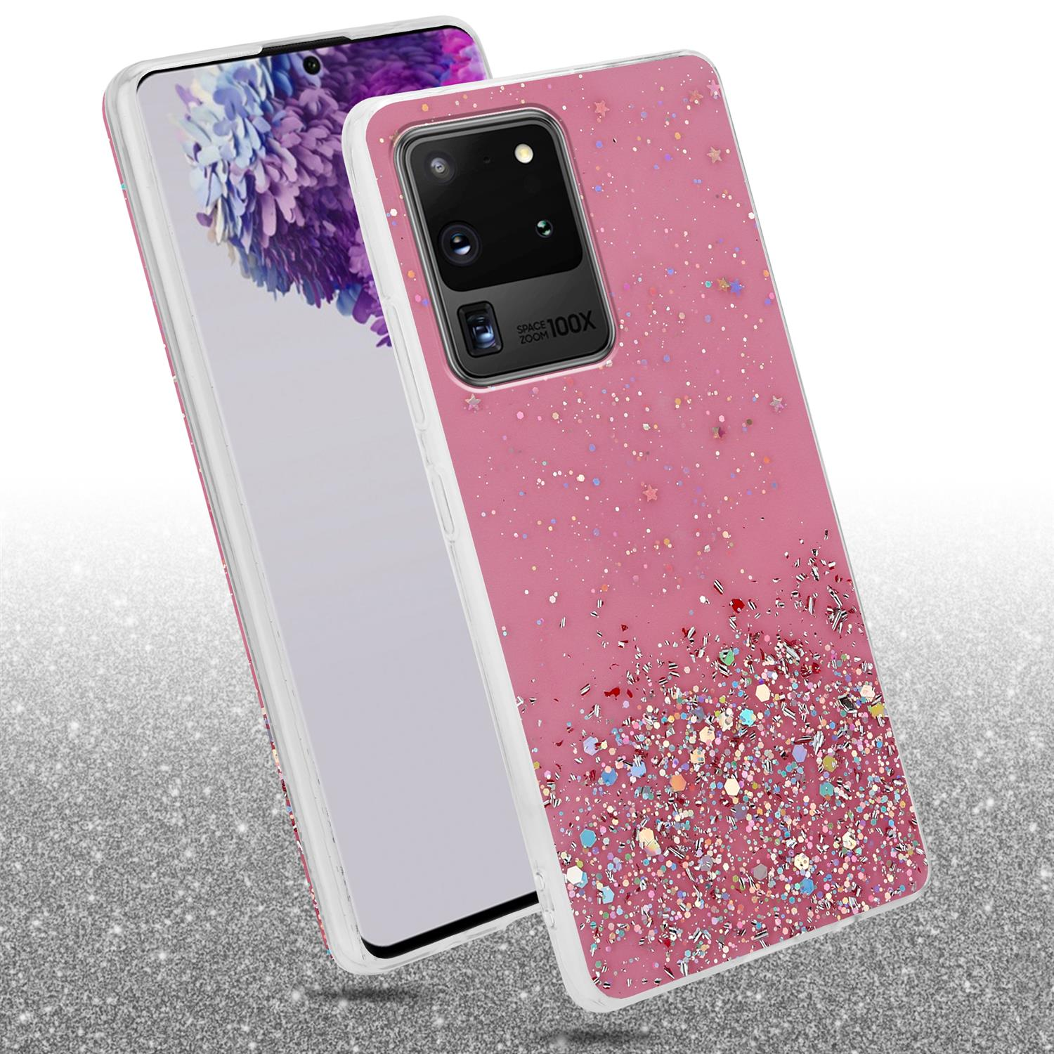 Due custodie per telefono su una superficie lucida. Una è rosa con glitter e stelle. L'altra contiene un telefono.