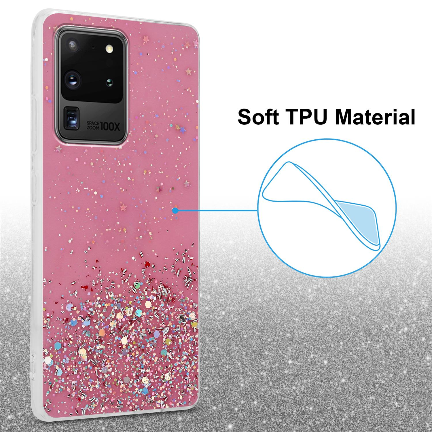 Custodia per telefono rosa con glitter. Testo: Materiale TPU morbido. I glitter sono concentrati in basso.