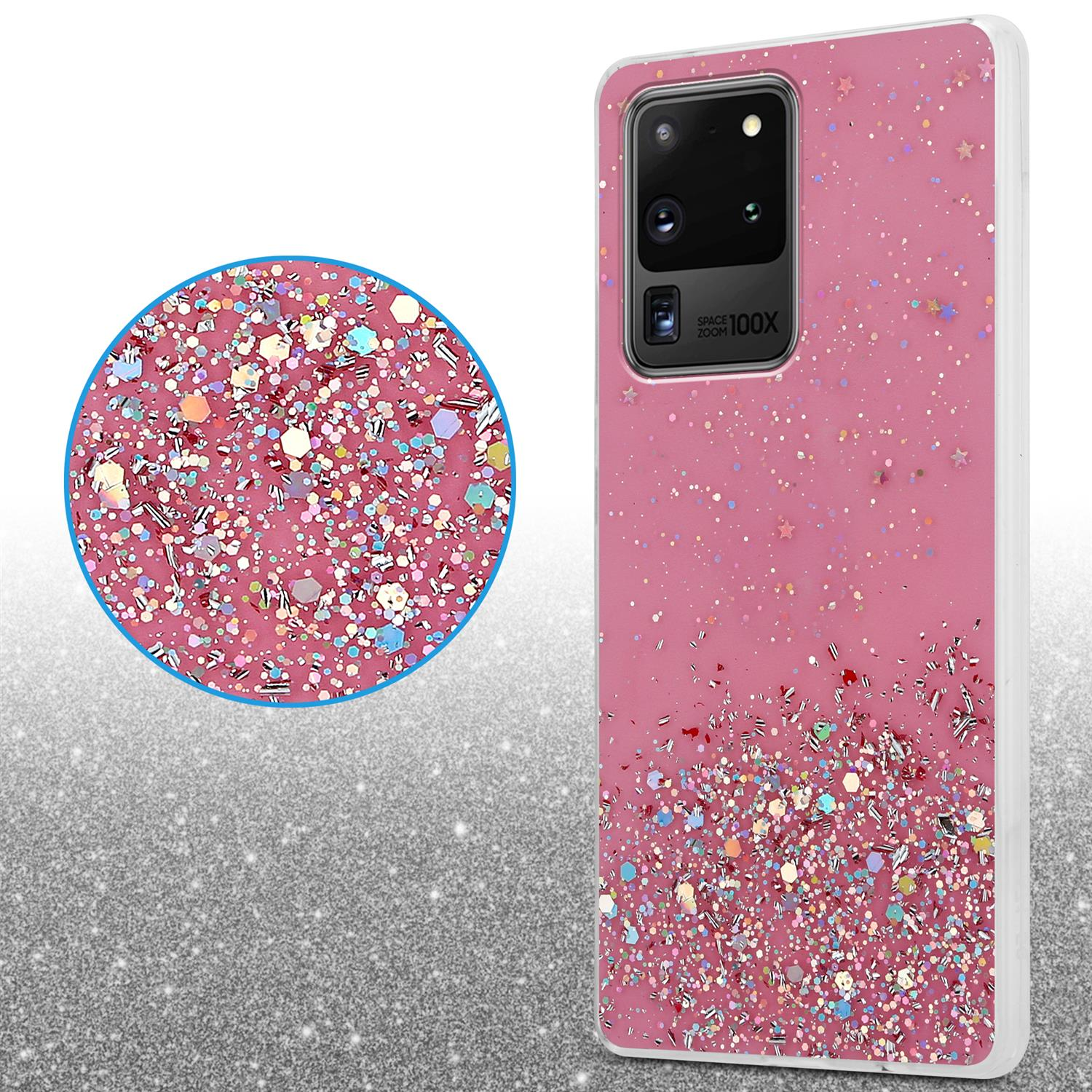 Custodia rosa per telefono con dettaglio glitterato, con un cerchio glitterato ingrandito su sfondo argentato.