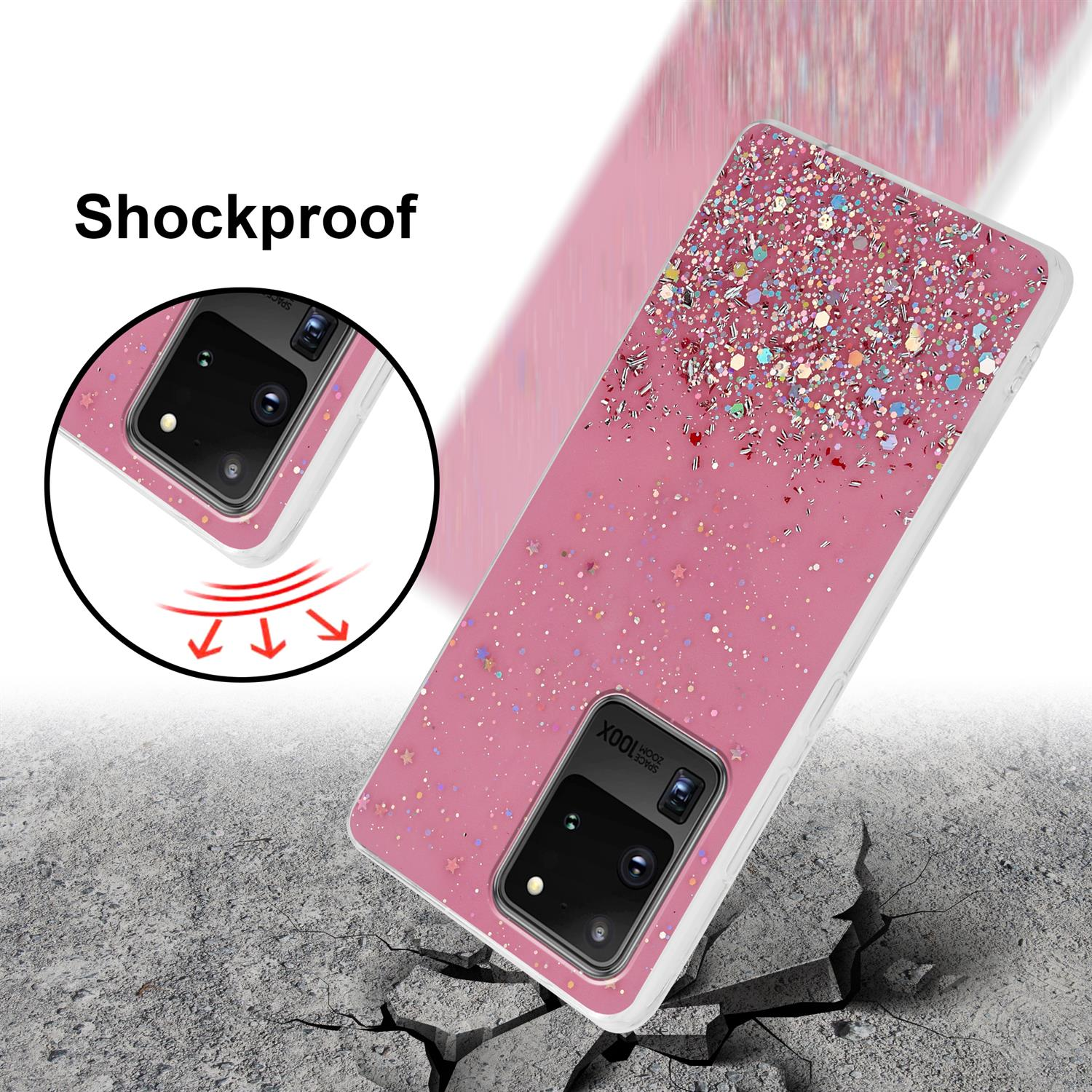 Custodia rosa glitterata su superficie crepata, con testo.