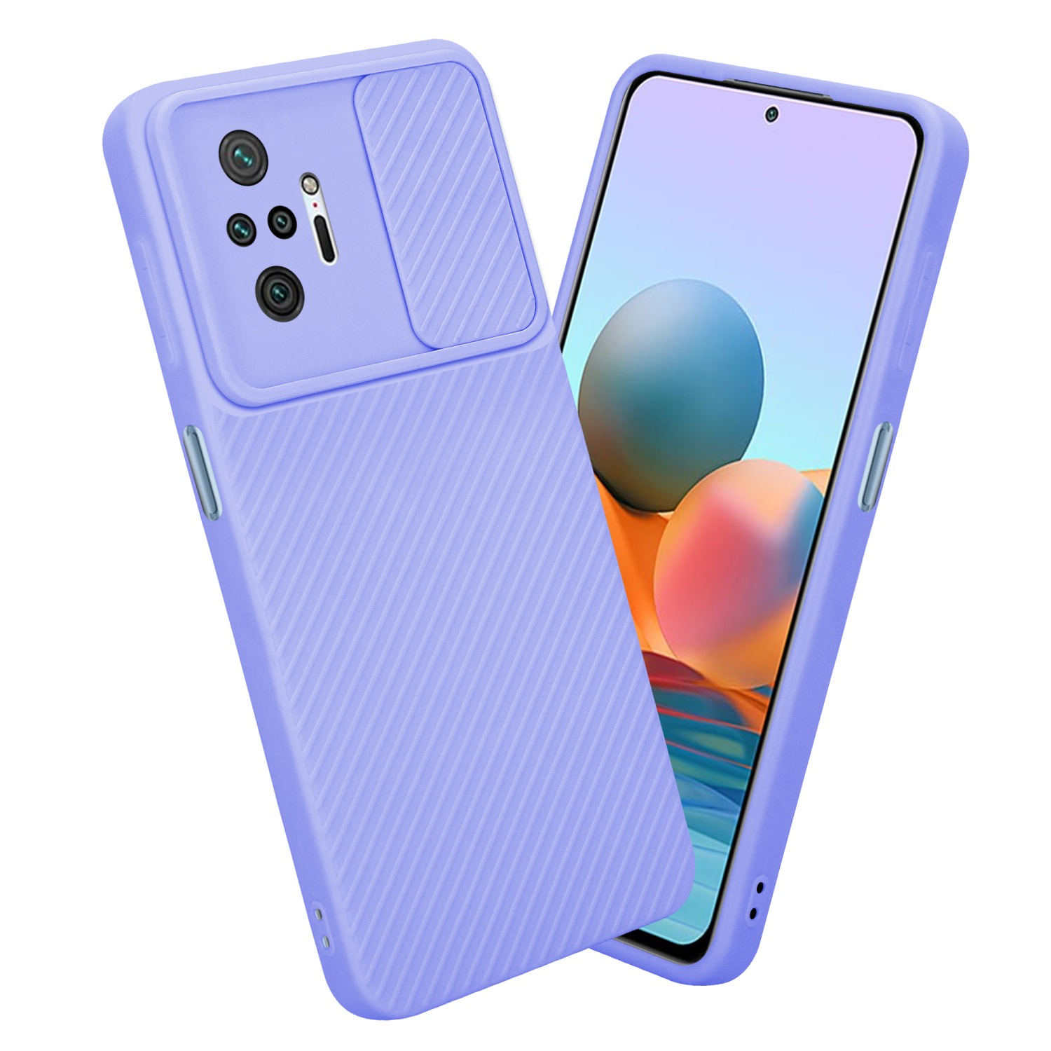 Una custodia per telefono viola con copertura fotocamera e schermo del telefono. Lo sfondo è una superficie grigia.