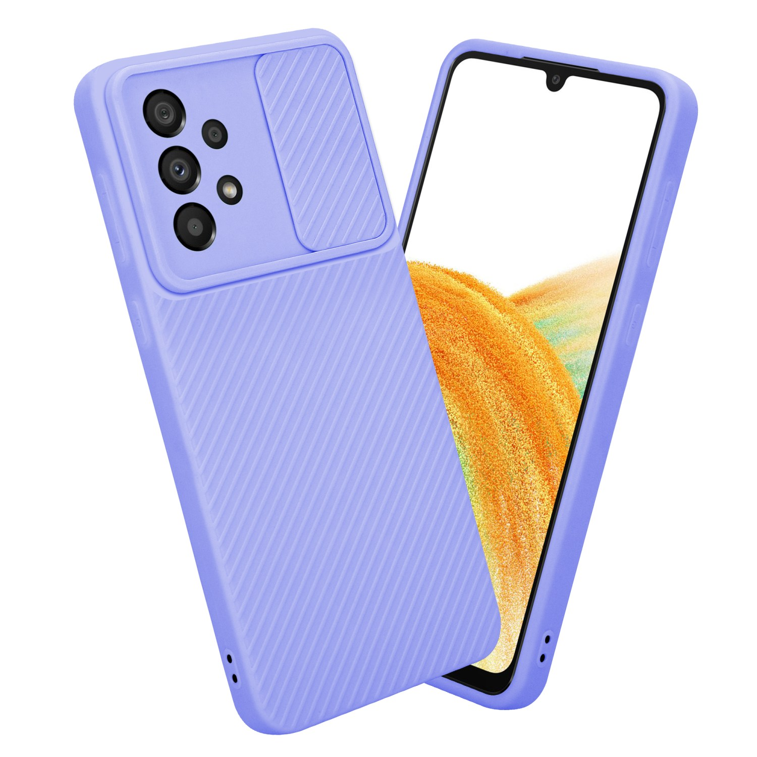 Una custodia per telefono viola con copertura per fotocamera è posizionata accanto a un telefono.