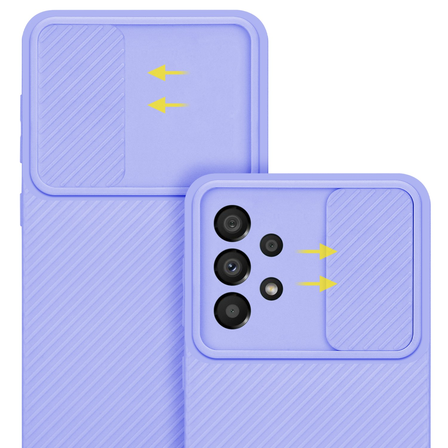 Due custodie per telefono viola con una copertura per fotocamera. Le frecce indicano la funzione di scorrimento.